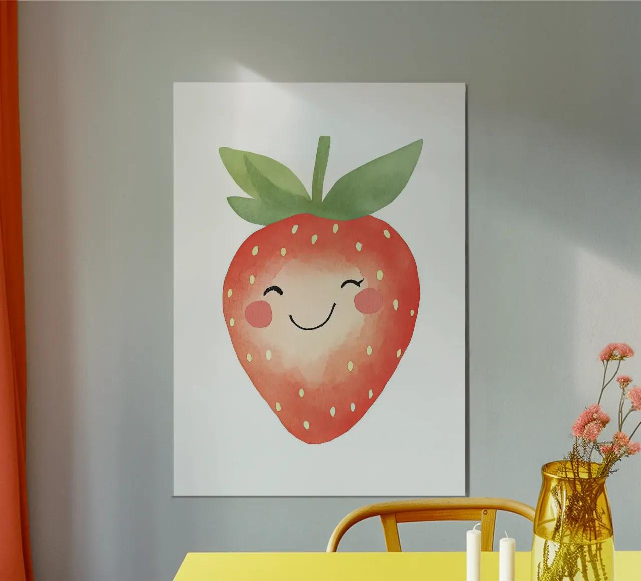 Acquerello di fragole sorridenti poster con telaio in legno da David Müller