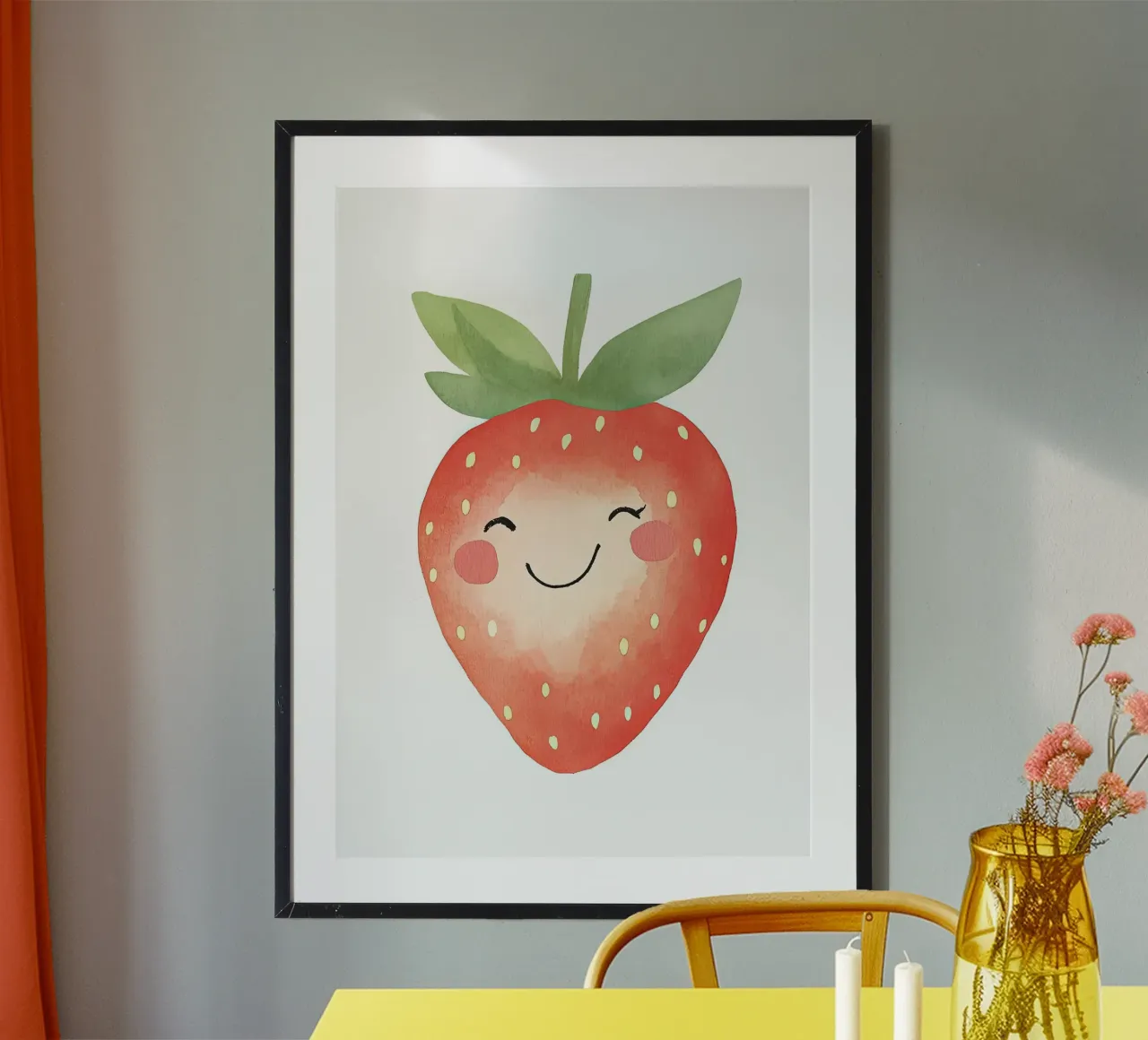 Acquerello di fragole sorridenti poster con telaio in legno da David Müller
