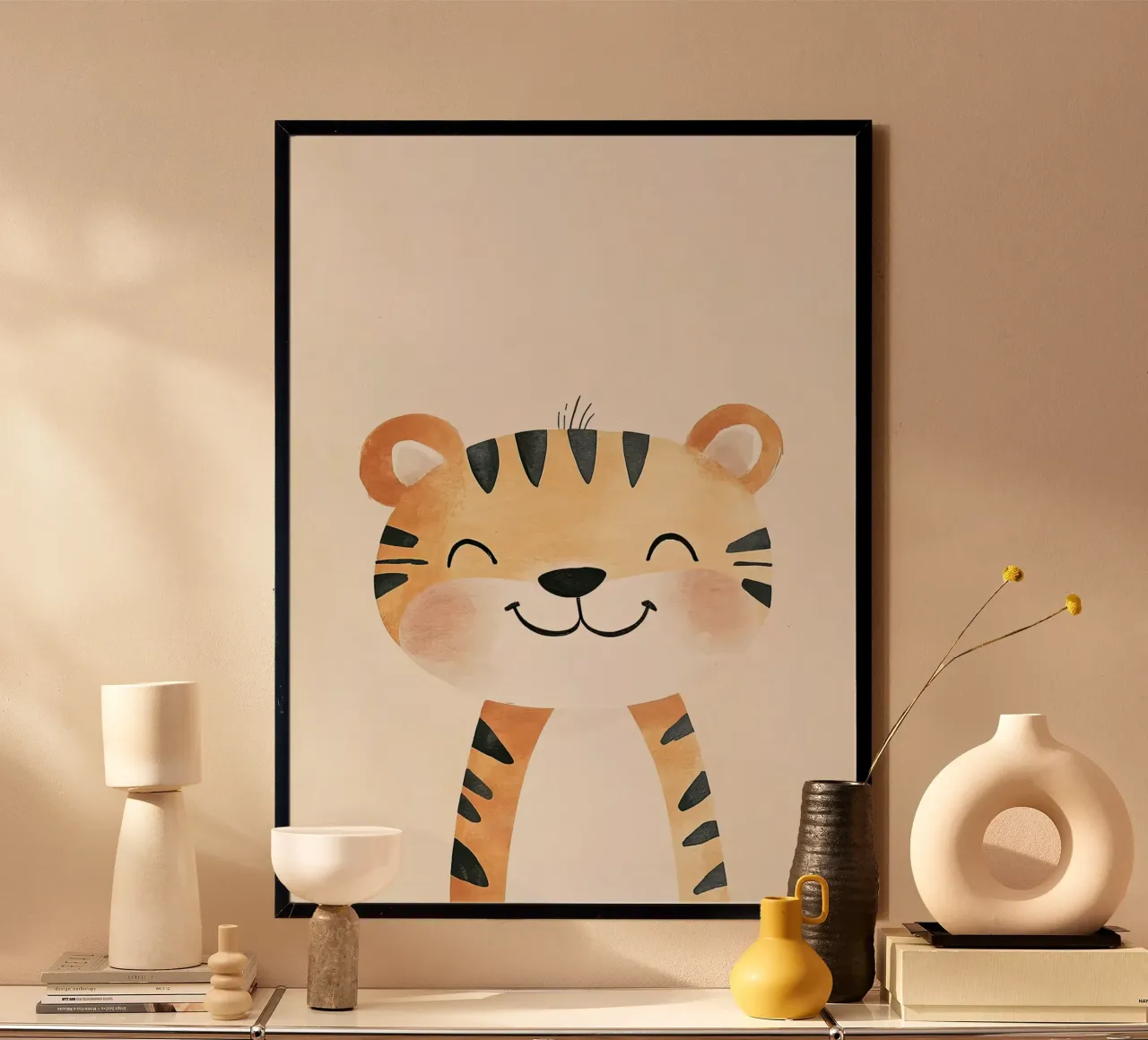 Acquerello di tigre sorridente poster con telaio in legno da David Müller