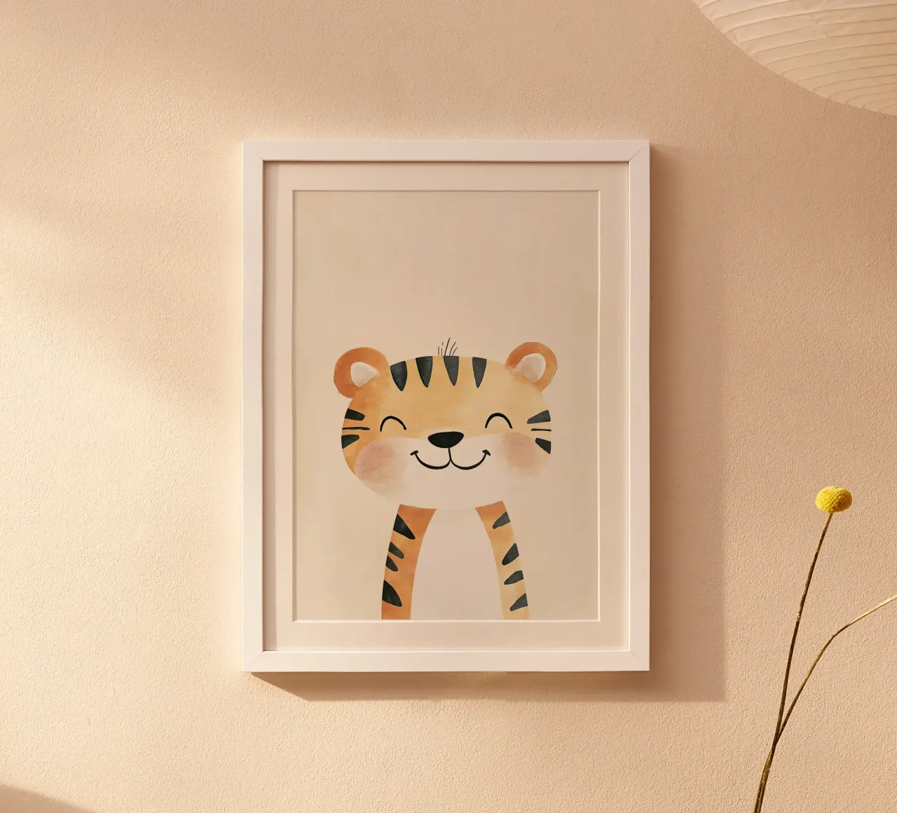 Acquerello di tigre sorridente poster con telaio in legno da David Müller