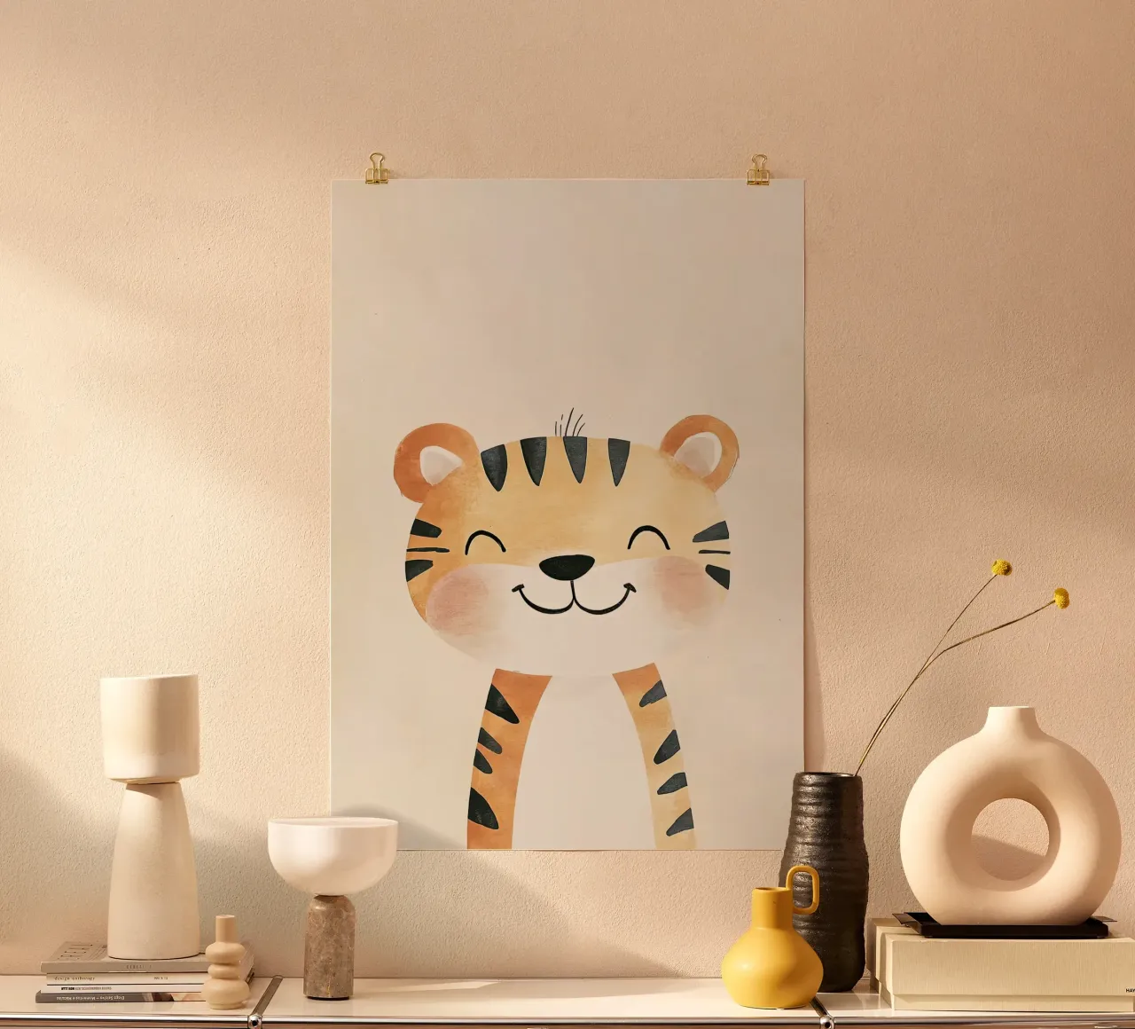 Acquerello di tigre sorridente poster con telaio in legno da David Müller