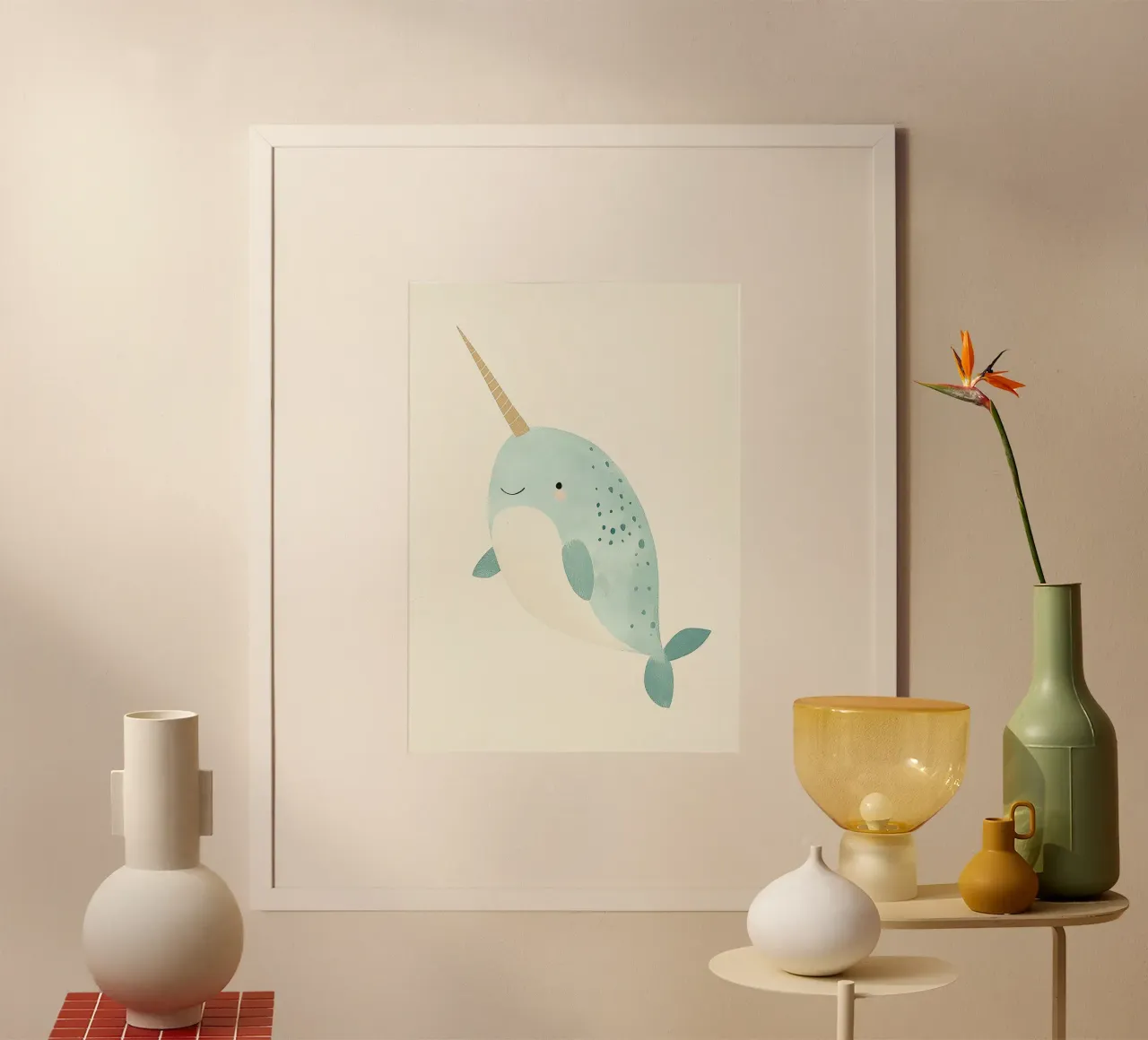 Illustrazione di un simpatico narvalo poster con telaio in legno da David Müller