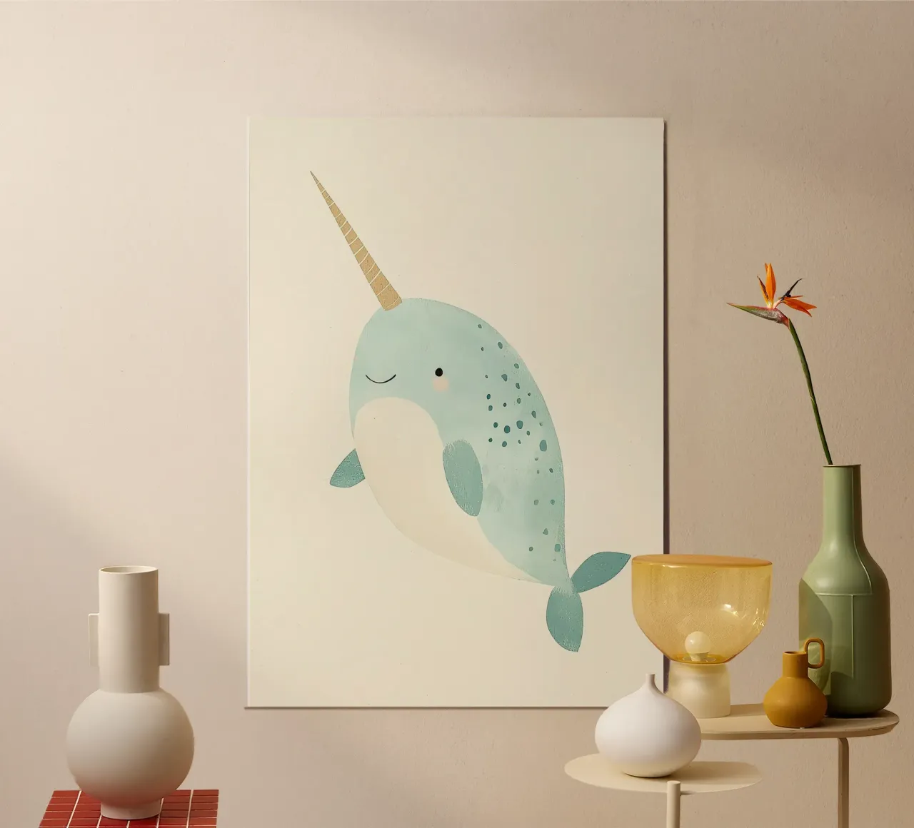 Illustrazione di un simpatico narvalo poster con telaio in legno da David Müller