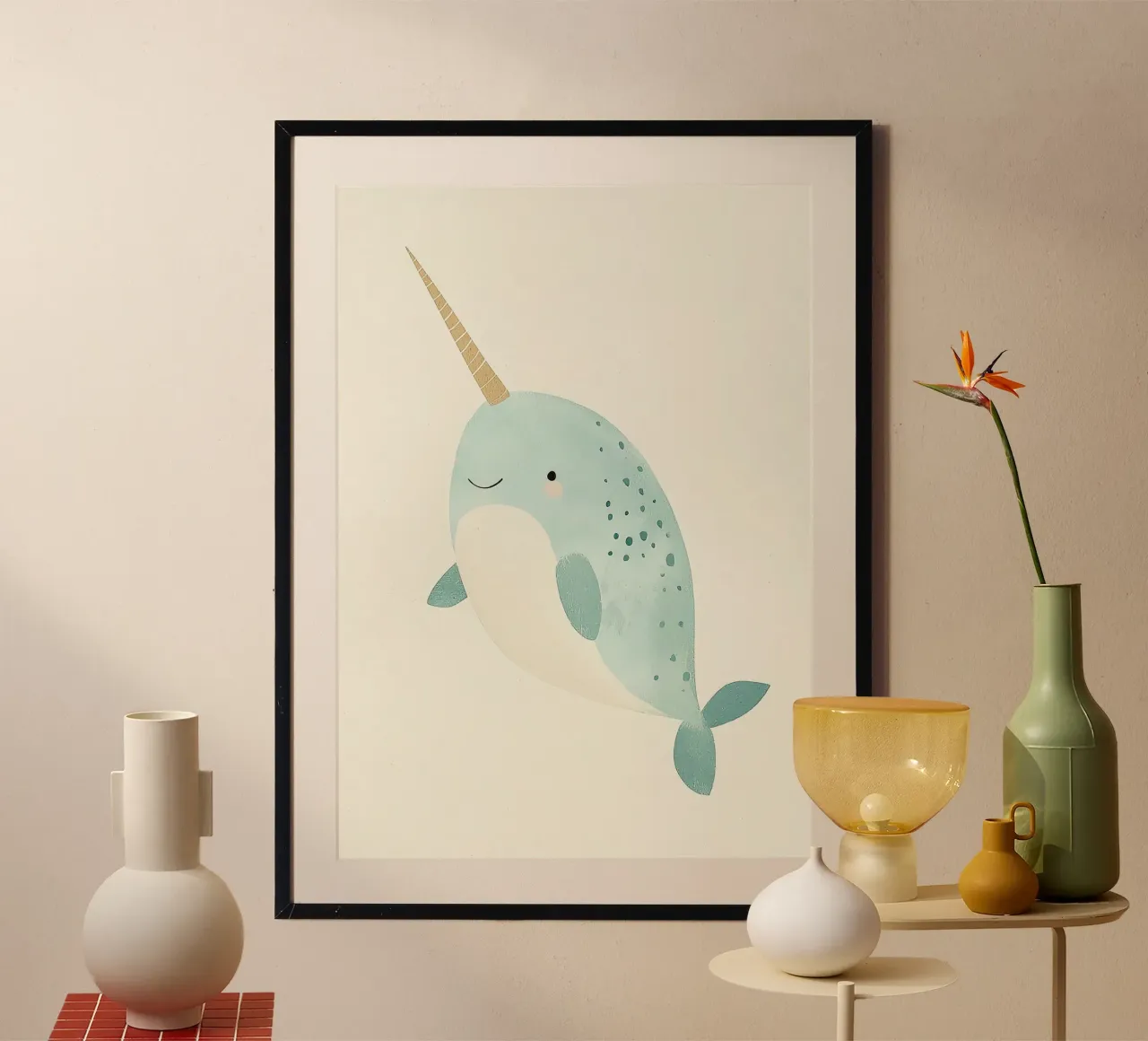 Illustrazione di un simpatico narvalo poster con telaio in legno da David Müller