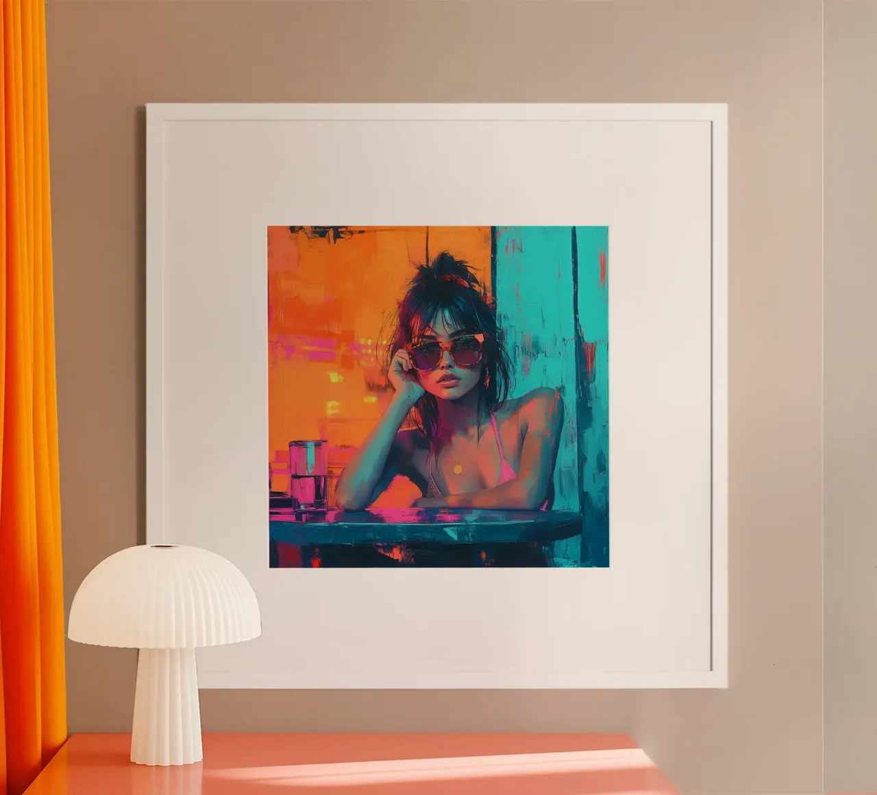 "Bikini After Hours" - Arte murale moderna in stile pop art poster con telaio in alluminio da Synthaira