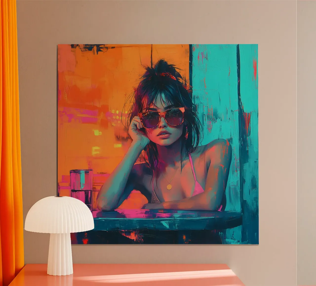 "Bikini After Hours" - Arte murale moderna in stile pop art poster con telaio in alluminio da Synthaira