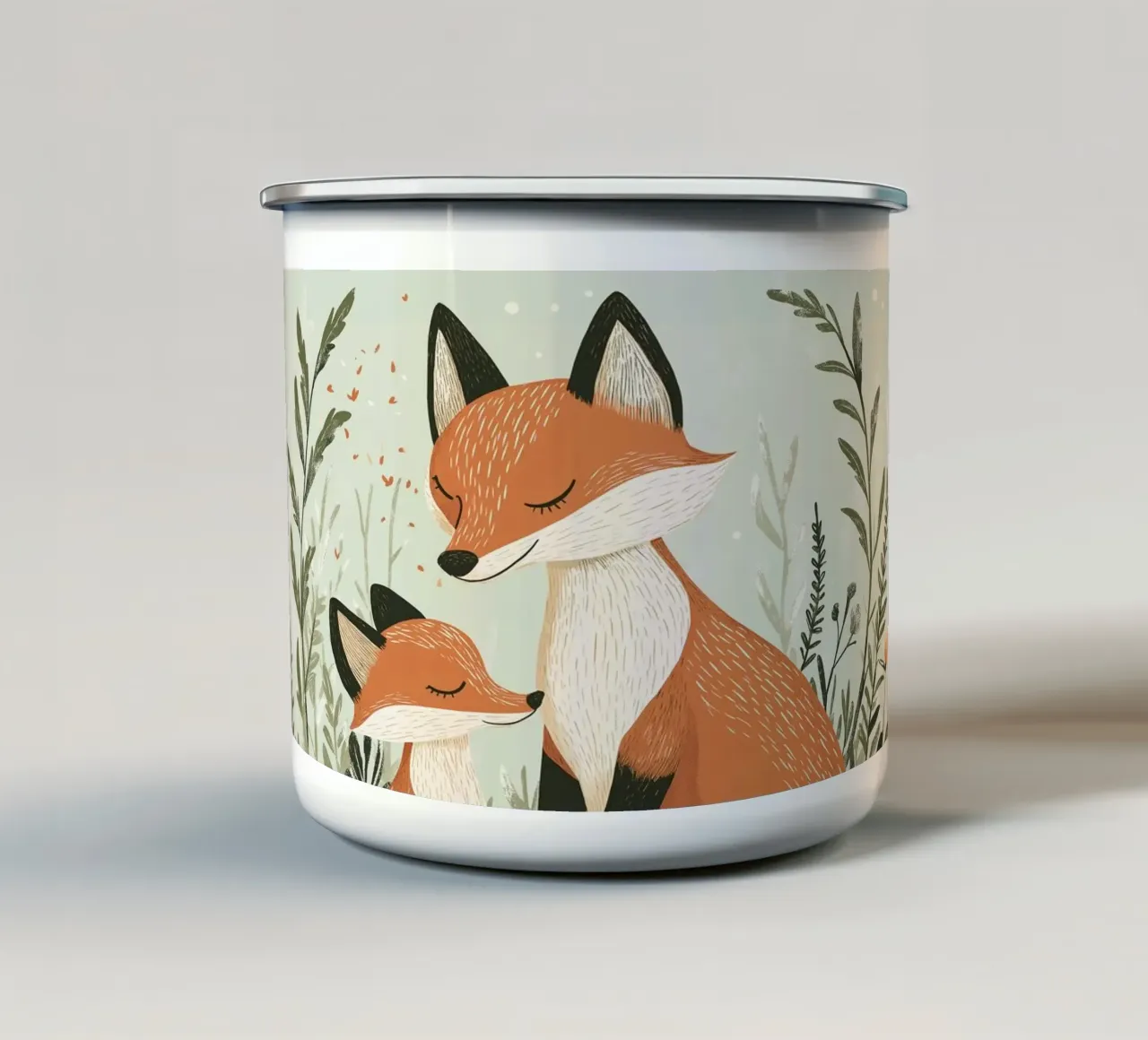 "Abbraccio d'inverno" - Stampa d'arte per la cameretta di una volpe e di un cucciolo di cane tazza in smalto da Synthaira