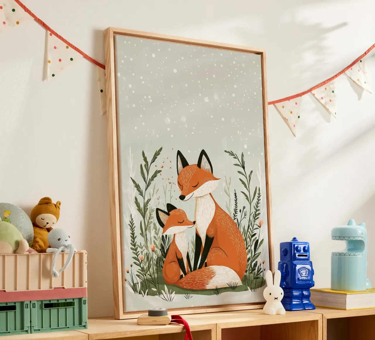 "Abbraccio d'inverno" - Stampa d'arte per la cameretta di una volpe e di un cucciolo di cane tela con Cornice a cassetta da Synthaira