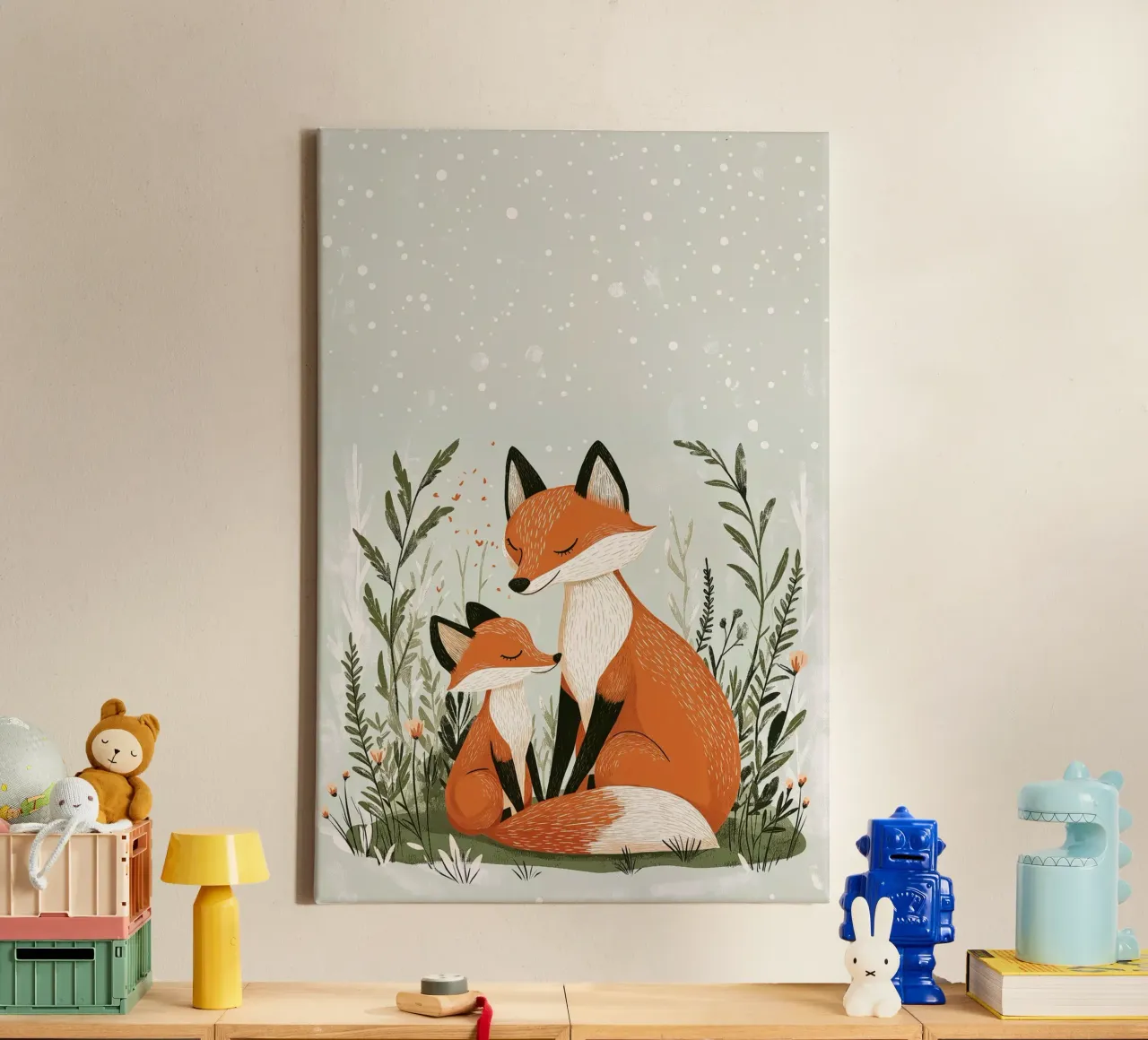 "Abbraccio d'inverno" - Stampa d'arte per la cameretta di una volpe e di un cucciolo di cane tela con Cornice a cassetta da Synthaira