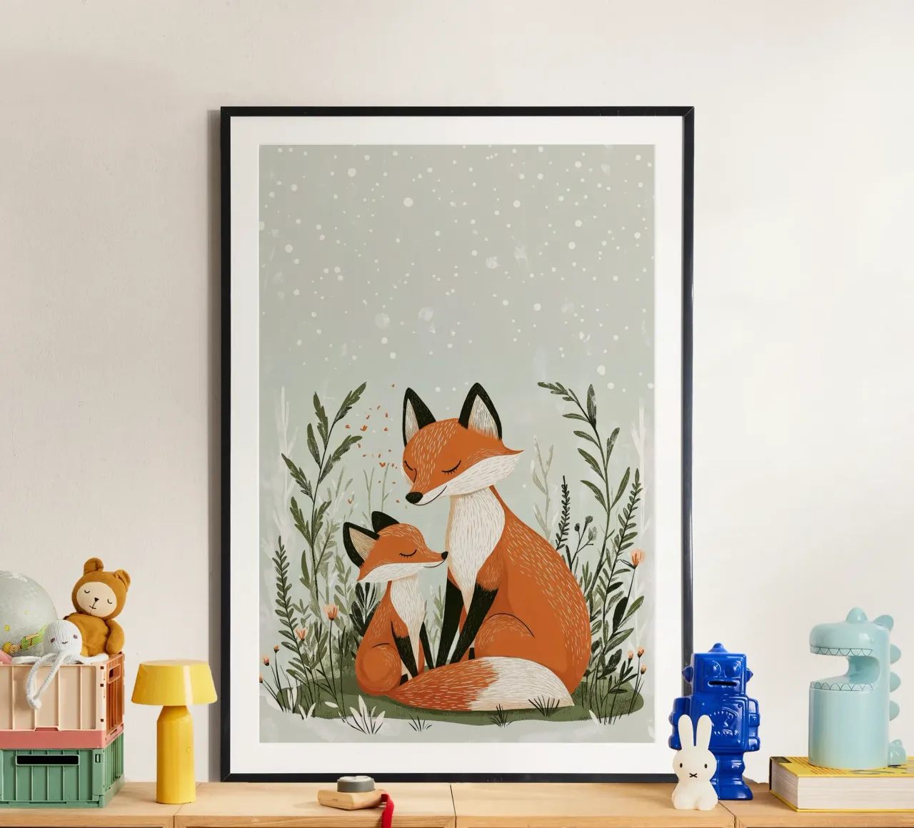"Abbraccio d'inverno" - Stampa d'arte per la cameretta di una volpe e di un cucciolo di cane poster con telaio in legno da Synthaira