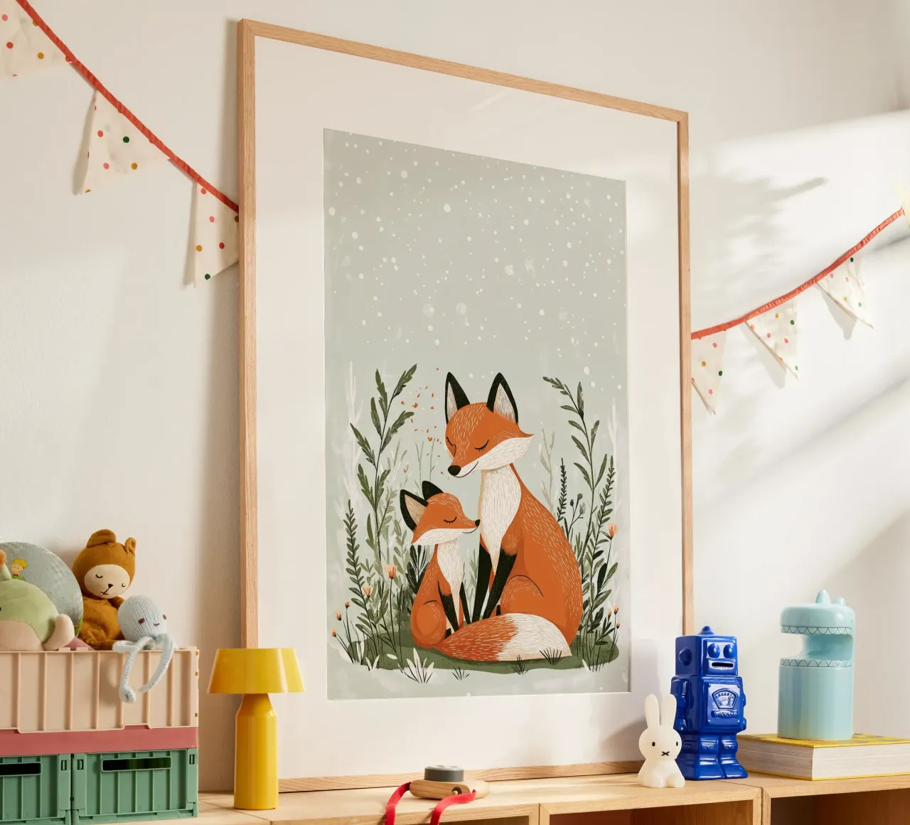 "Abbraccio d'inverno" - Stampa d'arte per la cameretta di una volpe e di un cucciolo di cane poster con telaio in legno da Synthaira