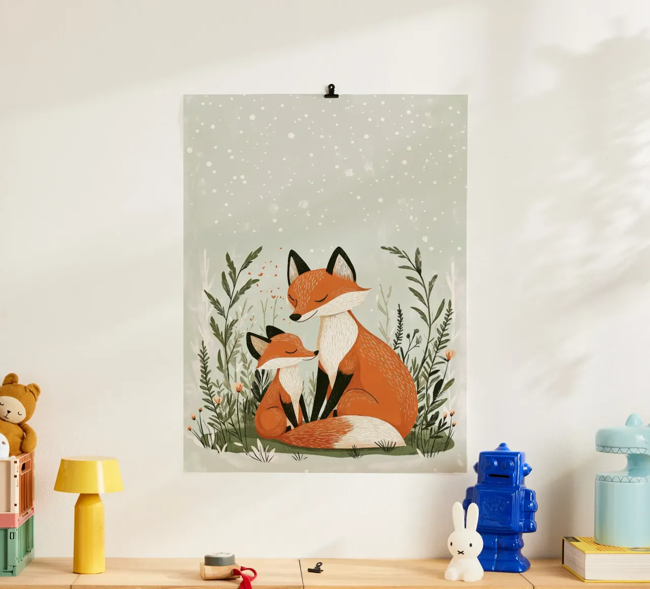 "Abbraccio d'inverno" - Stampa d'arte per la cameretta di una volpe e di un cucciolo di cane poster con telaio in legno da Synthaira