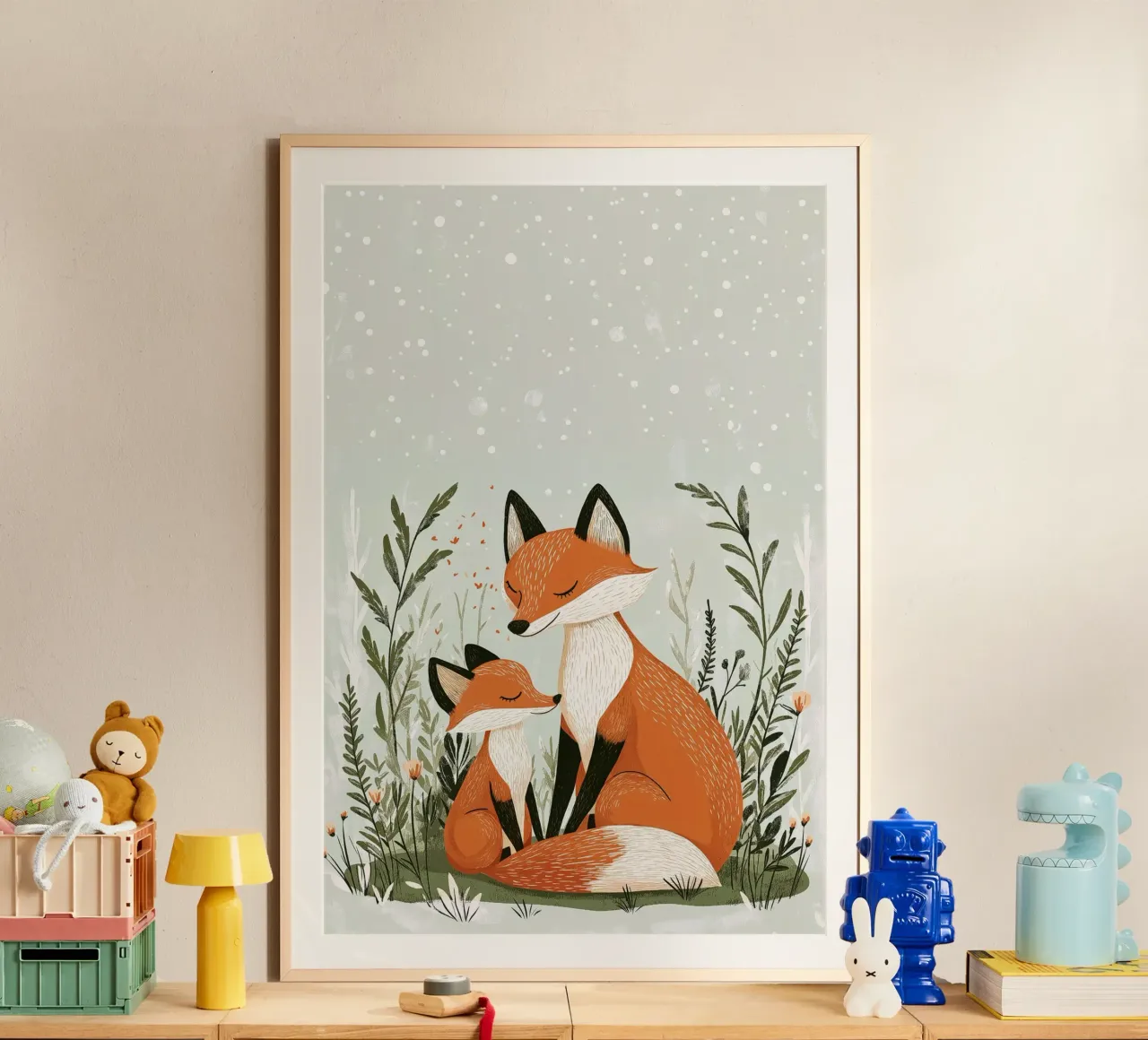 "Abbraccio d'inverno" - Stampa d'arte per la cameretta di una volpe e di un cucciolo di cane poster con telaio in legno da Synthaira