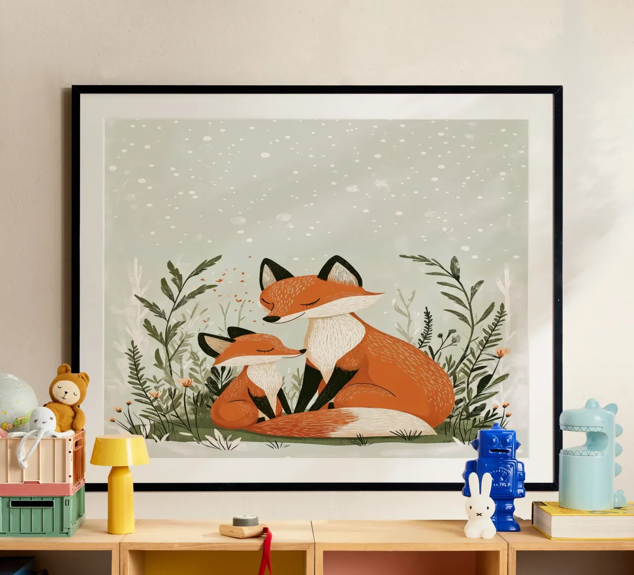 "Abbraccio d'inverno" - Stampa d'arte per la cameretta di una volpe e di un cucciolo di cane poster con telaio in legno da Synthaira