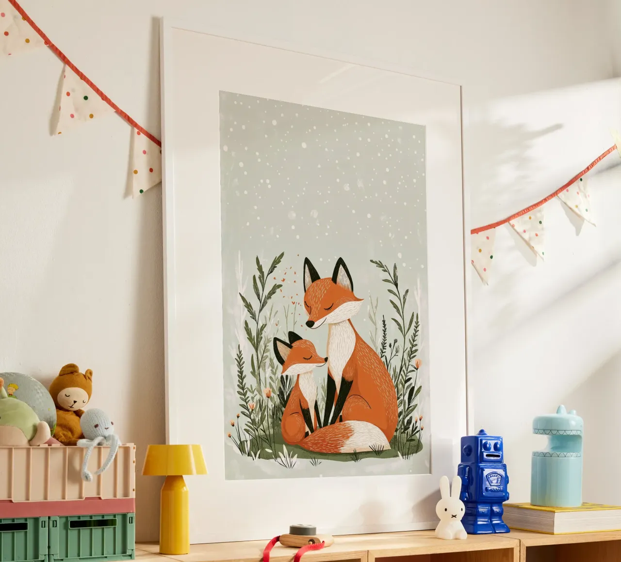 "Abbraccio d'inverno" - Stampa d'arte per la cameretta di una volpe e di un cucciolo di cane poster con telaio in legno da Synthaira