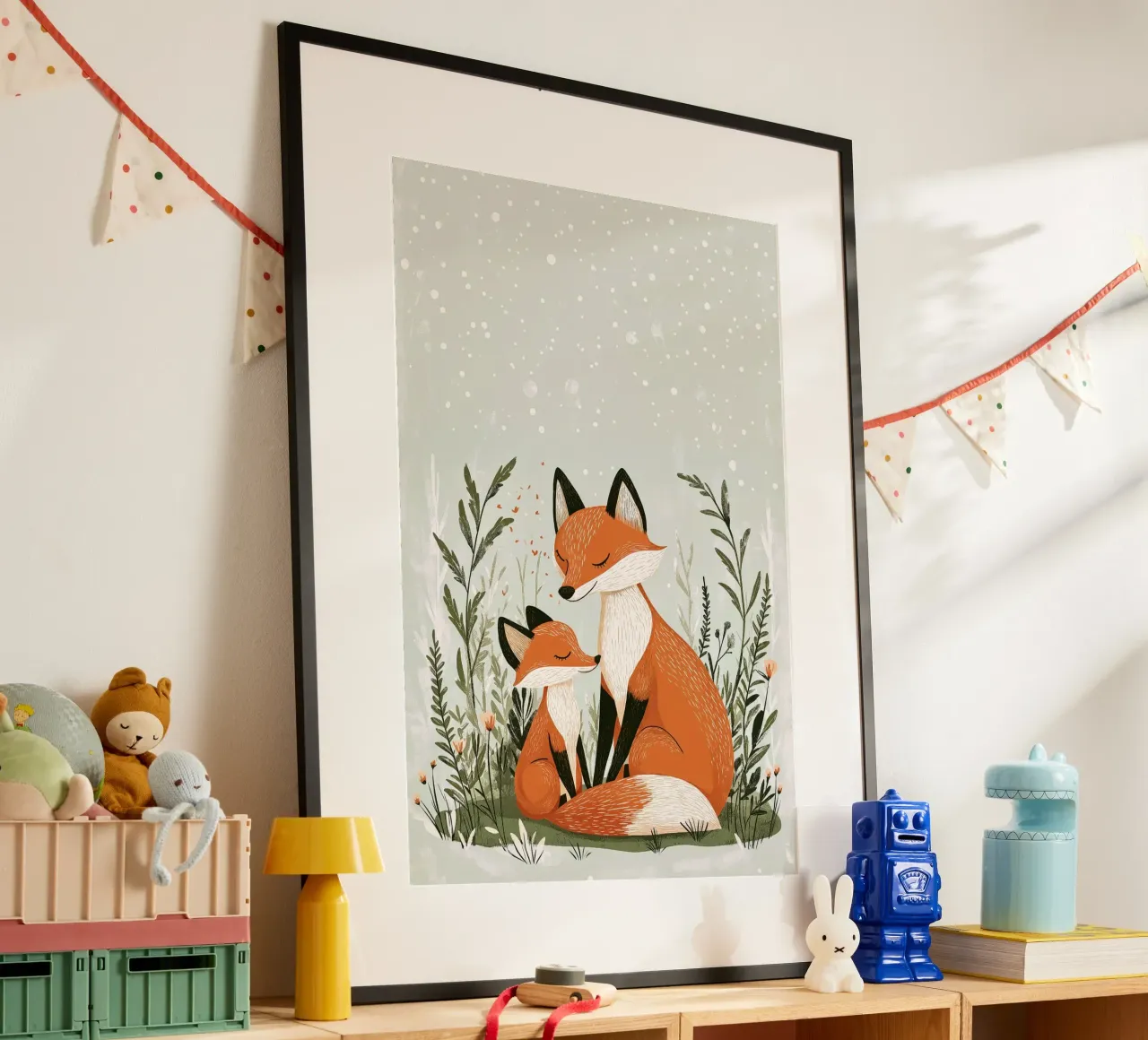 "Abbraccio d'inverno" - Stampa d'arte per la cameretta di una volpe e di un cucciolo di cane poster con telaio in legno da Synthaira