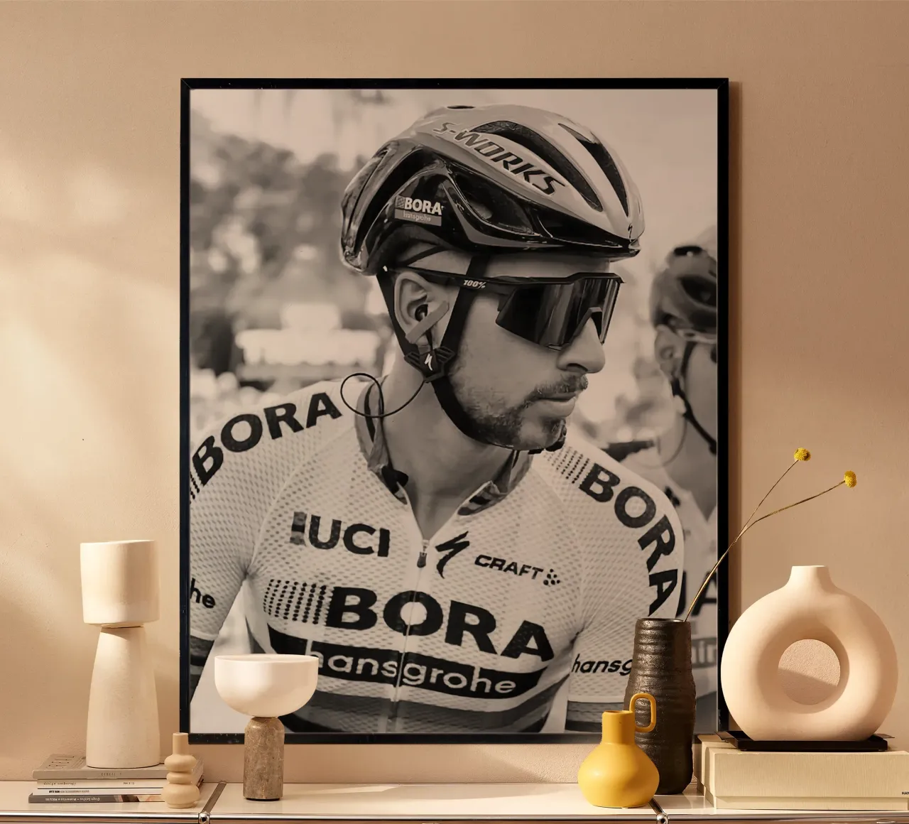 peter sagan is the most successful and charismatic cyclist poster with plastic frame by addelia shope