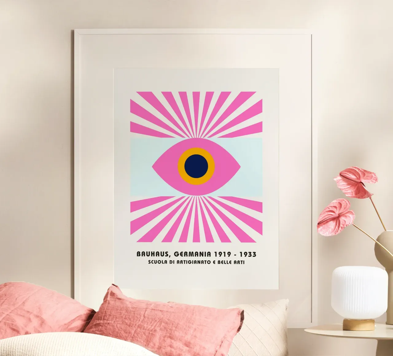 Bauhaus oog ontwerp - Abstracte geometrie kunst poster met houten frame van Studio Vibe