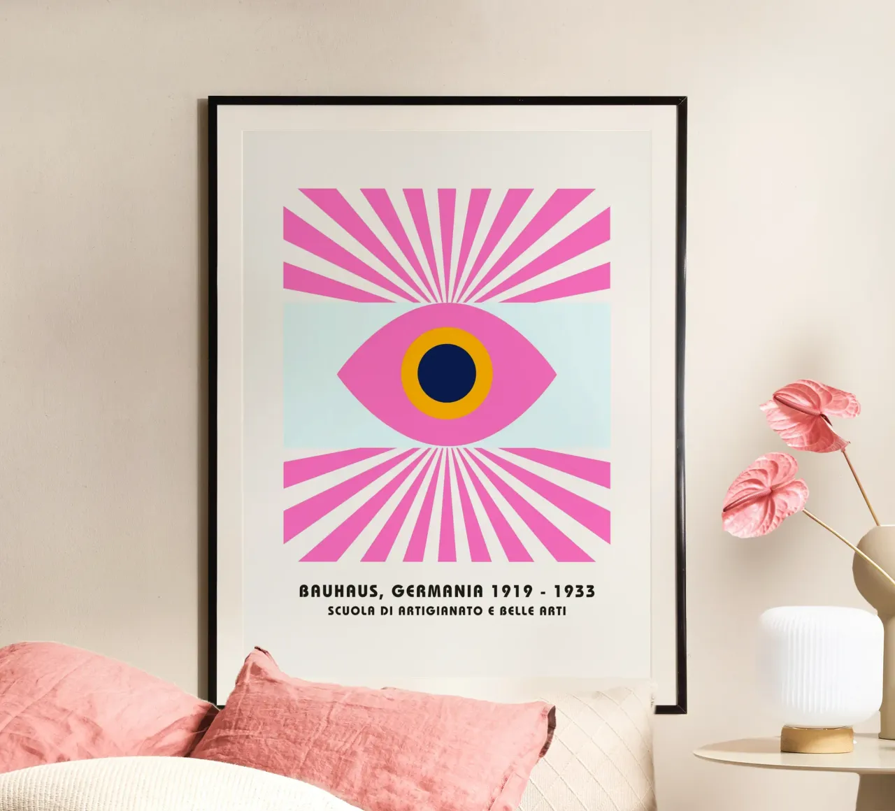 Bauhaus oog ontwerp - Abstracte geometrie kunst poster met houten frame van Studio Vibe
