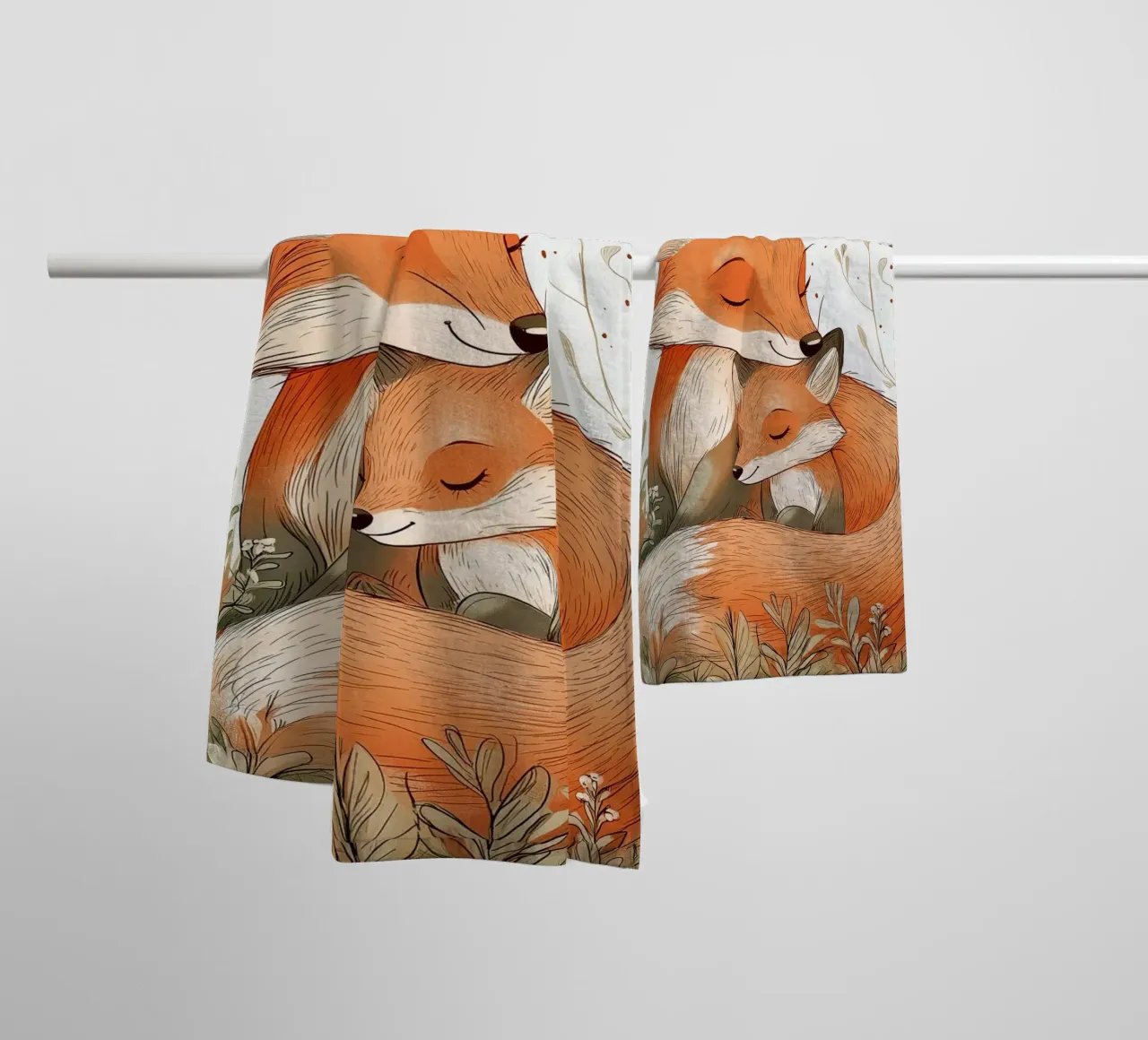 "Mutterliebe" - Süßer Aquarelldruck mit Fuchs und Kind Handtuch von Synthaira