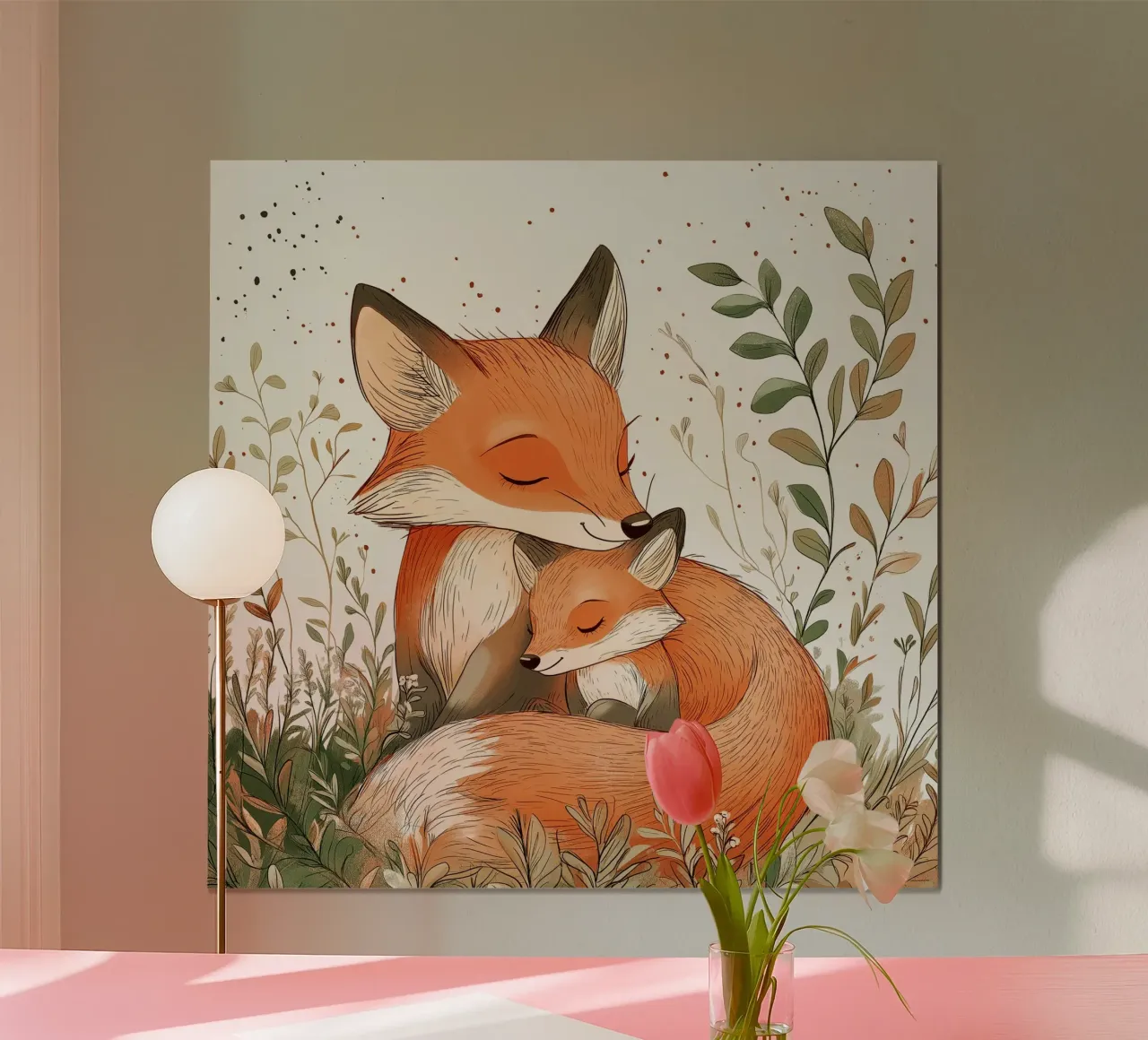 "L'amore di una madre" - Stampa acquerellata di una dolce volpe e di un cucciolo di cane poster con telaio in alluminio da Synthaira