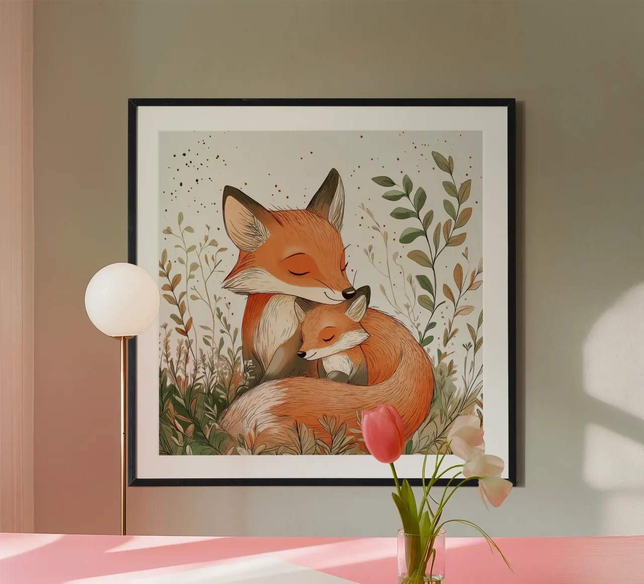 "L'amore di una madre" - Stampa acquerellata di una dolce volpe e di un cucciolo di cane poster con telaio in alluminio da Synthaira