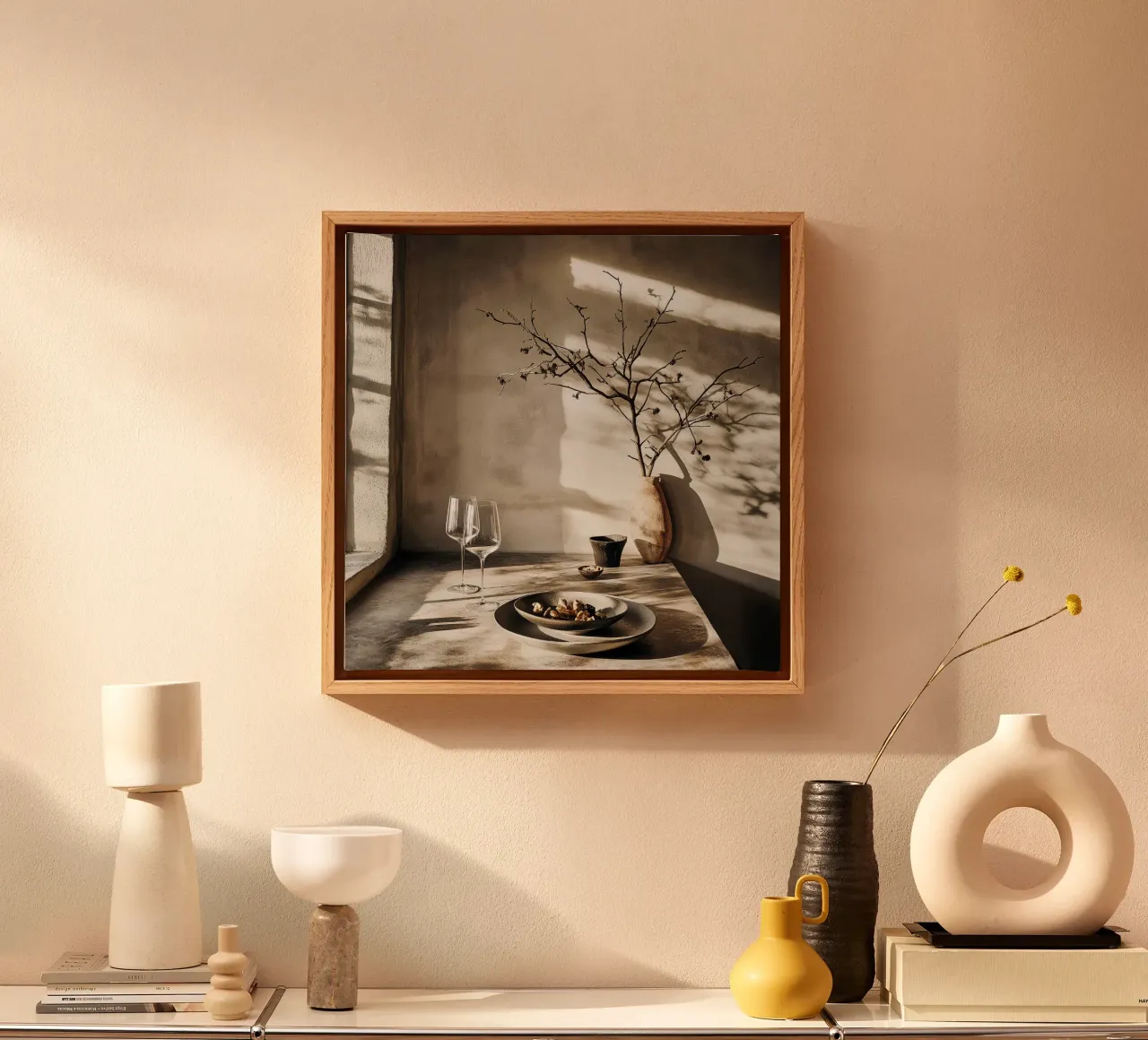 "Wabi-Sabi Afternoon" - Minimalist Japandi Still Life Print canvas with Floater frame by Synthaira