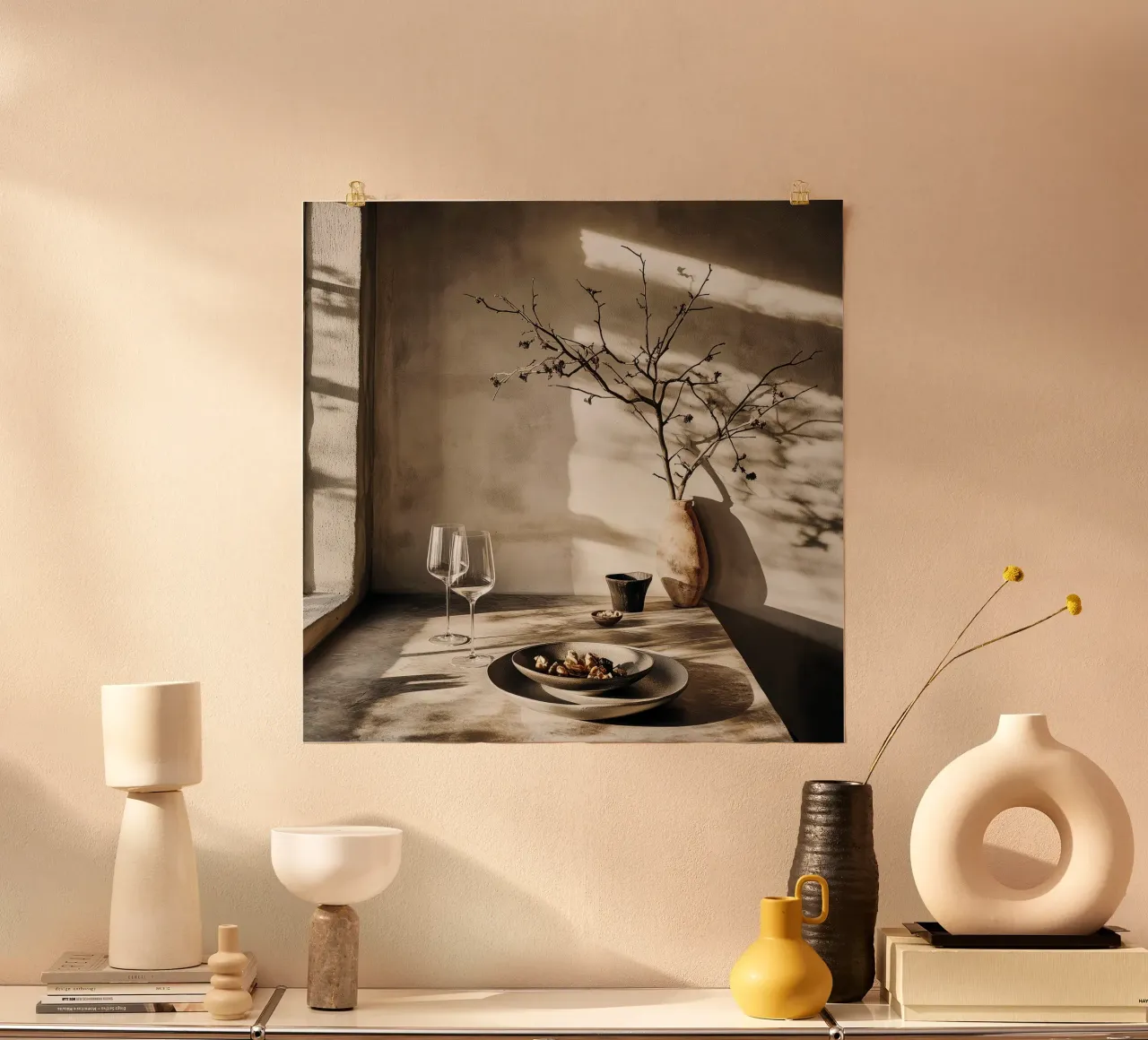 "Pomeriggio wabi-sabi" - Stampa di natura morta minimalista giapponese poster con telaio in legno da Synthaira
