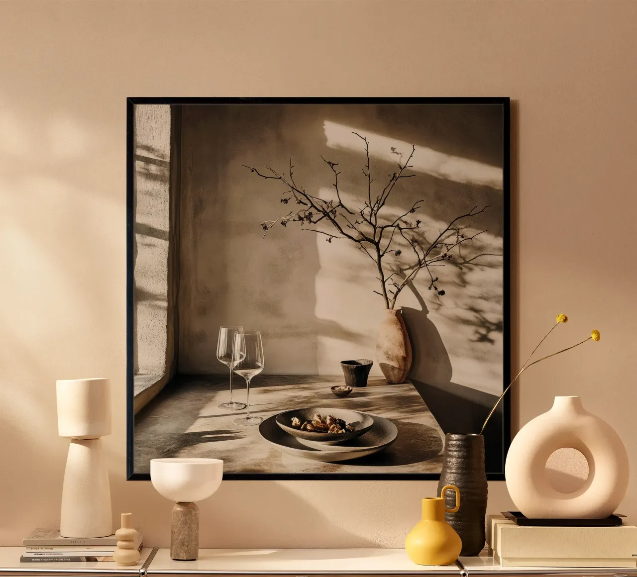 "Pomeriggio wabi-sabi" - Stampa di natura morta minimalista giapponese poster con telaio in legno da Synthaira