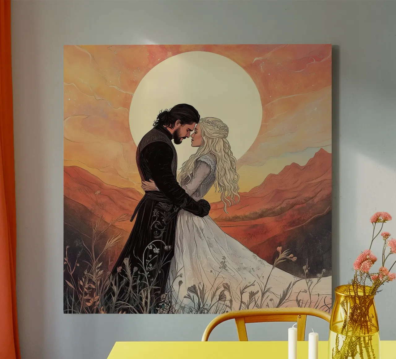 "IJs en vuur" - Epic Fantasy Romance Kunstdruk canvas met Baklijst van Synthaira