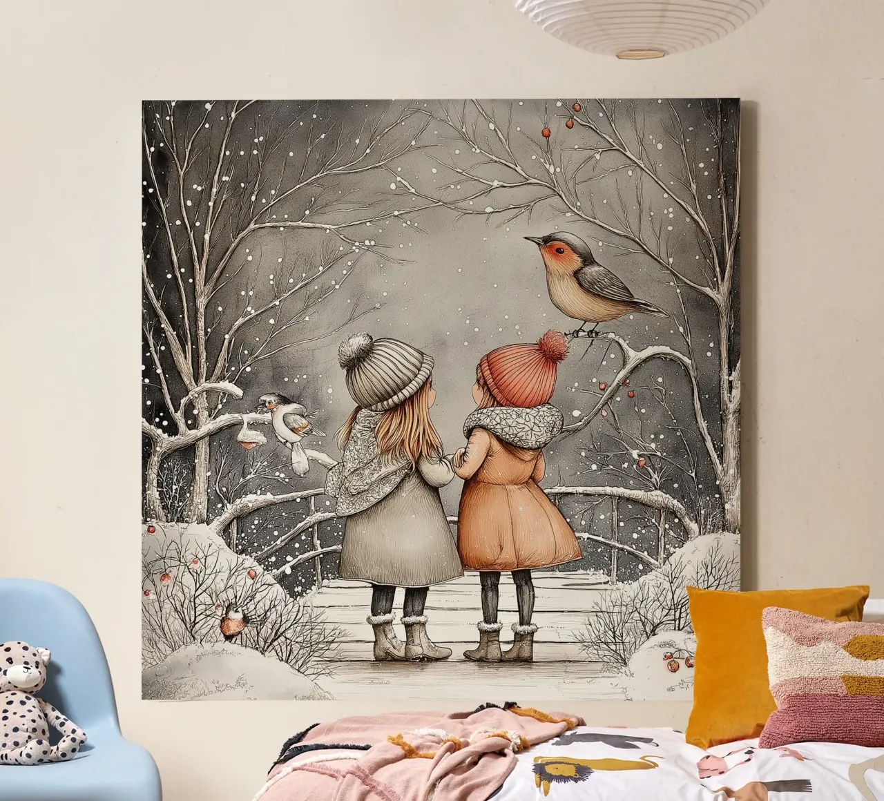 "Amici d'inverno" - Stampa d'arte invernale di un'affascinante fiaba tela con Cornice a cassetta da Synthaira