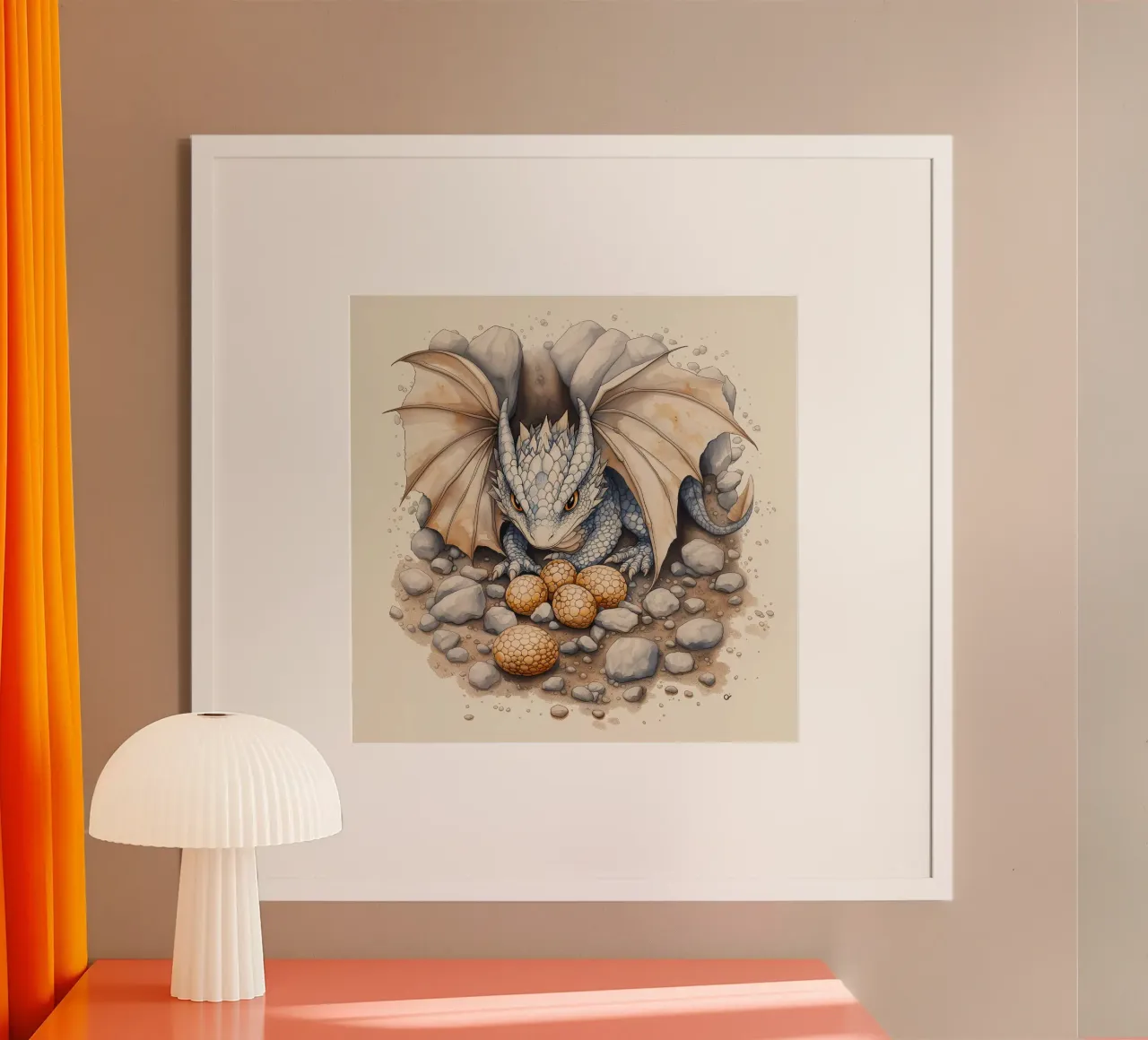 "Hort des kleinen Drachen" - Niedliche Fantasy-Kinderzimmer-Wandkunst Poster mit Holzrahmen von Synthaira