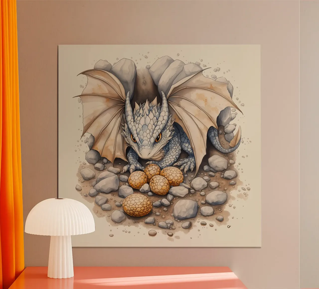 "Hort des kleinen Drachen" - Niedliche Fantasy-Kinderzimmer-Wandkunst Poster mit Holzrahmen von Synthaira