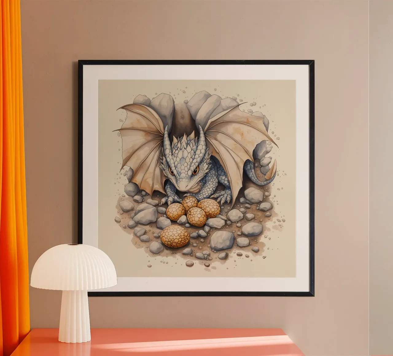 "Hort des kleinen Drachen" - Niedliche Fantasy-Kinderzimmer-Wandkunst Poster mit Holzrahmen von Synthaira