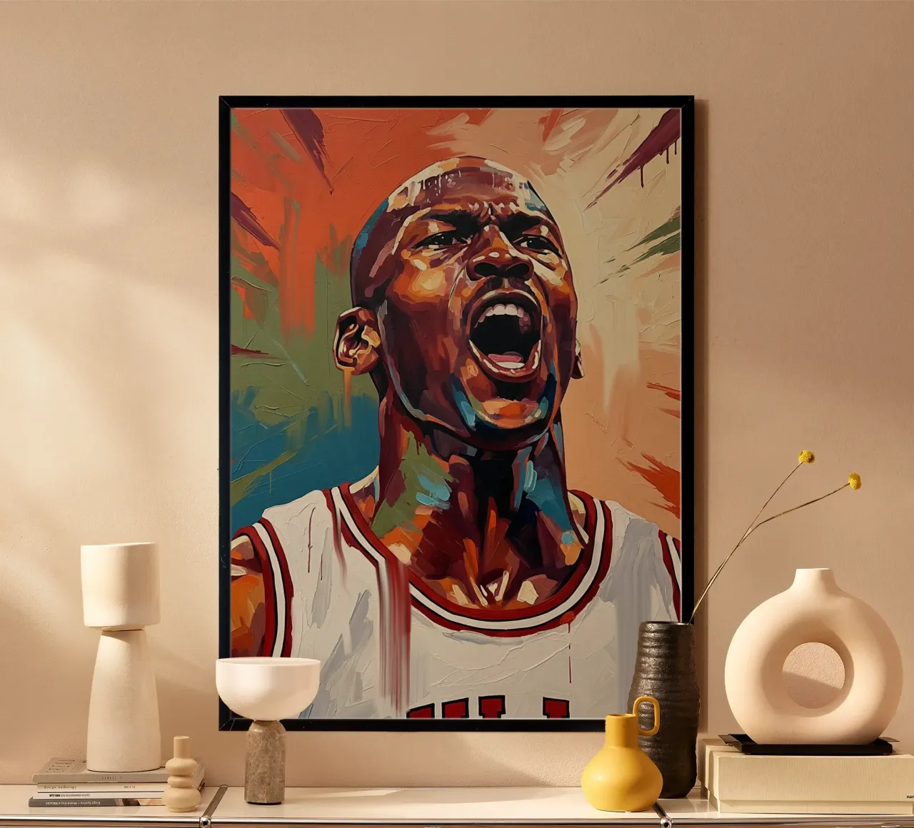Michael Jordan abstracte kleurrijke kunst poster met houten frame van Lembayung art