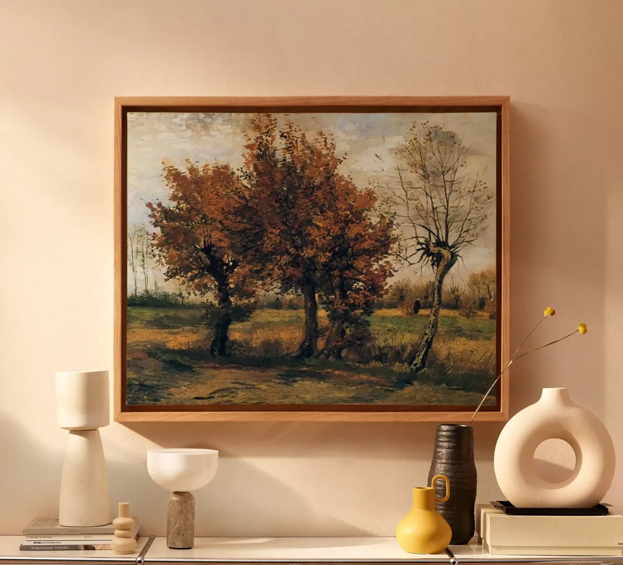tree in the middle of an autumn landscape canvas with Floater frame by Piper Shop Oke