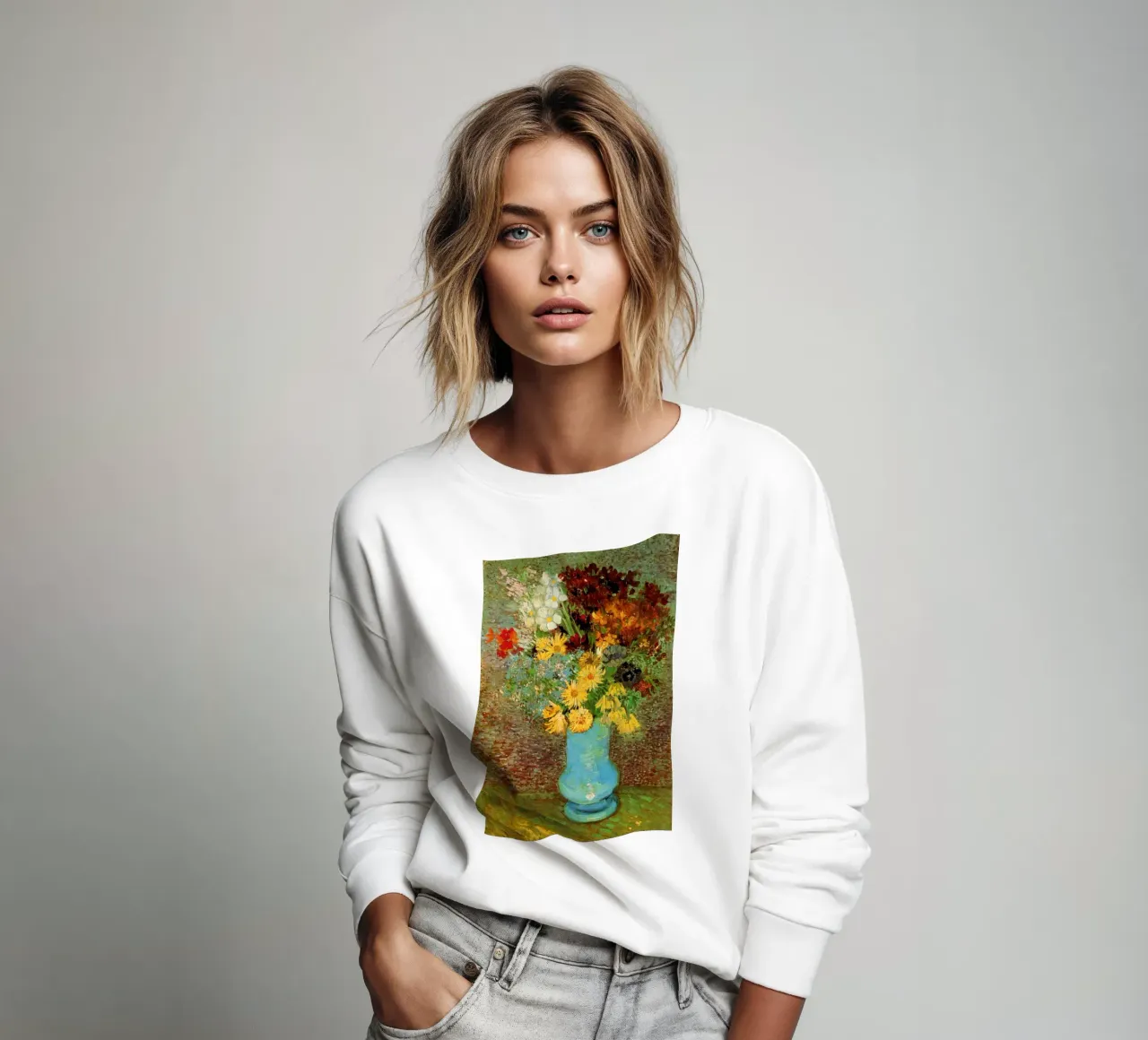 margherite e anemoni in un vaso blu felpa da Piper Shop Oke