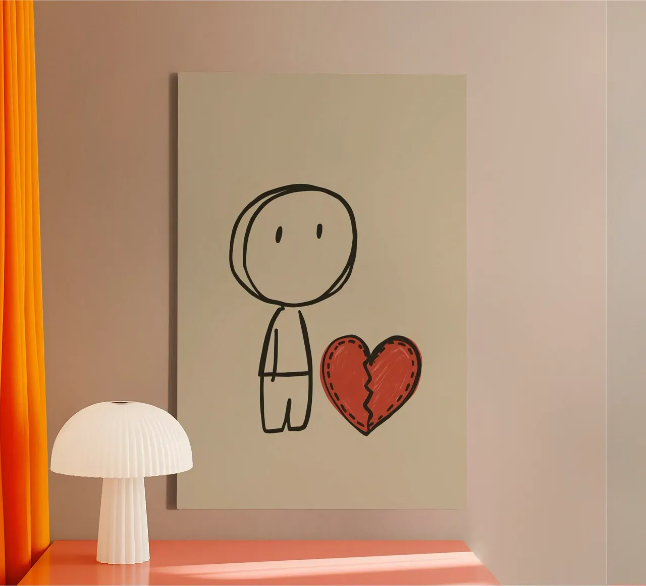 Cartoon Stick Figure with Red Broken Heart canvas with Floater frame by DesignDoodle