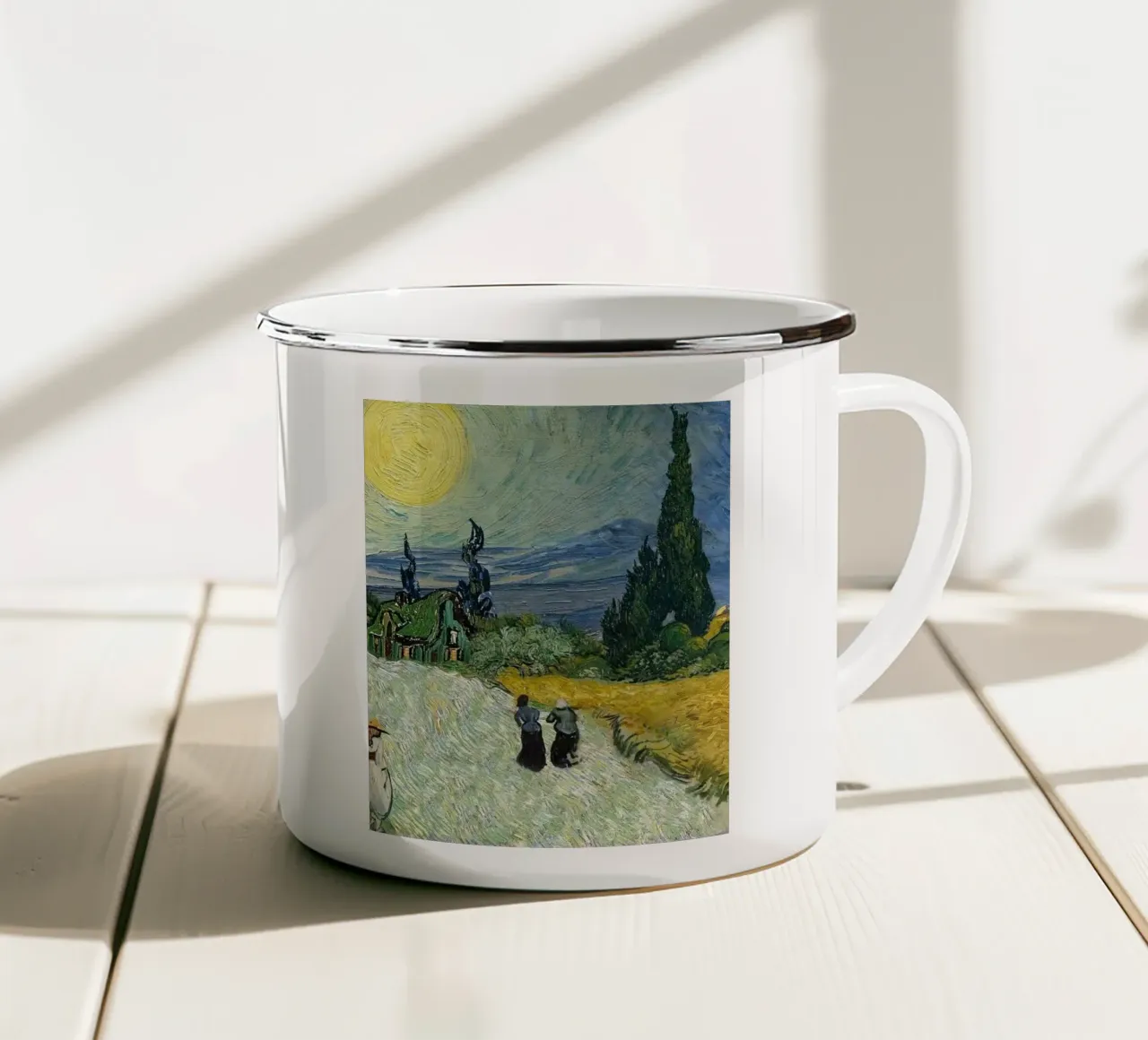 golden wheat fields with tall fir trees enamel mug by Piper Shop Oke