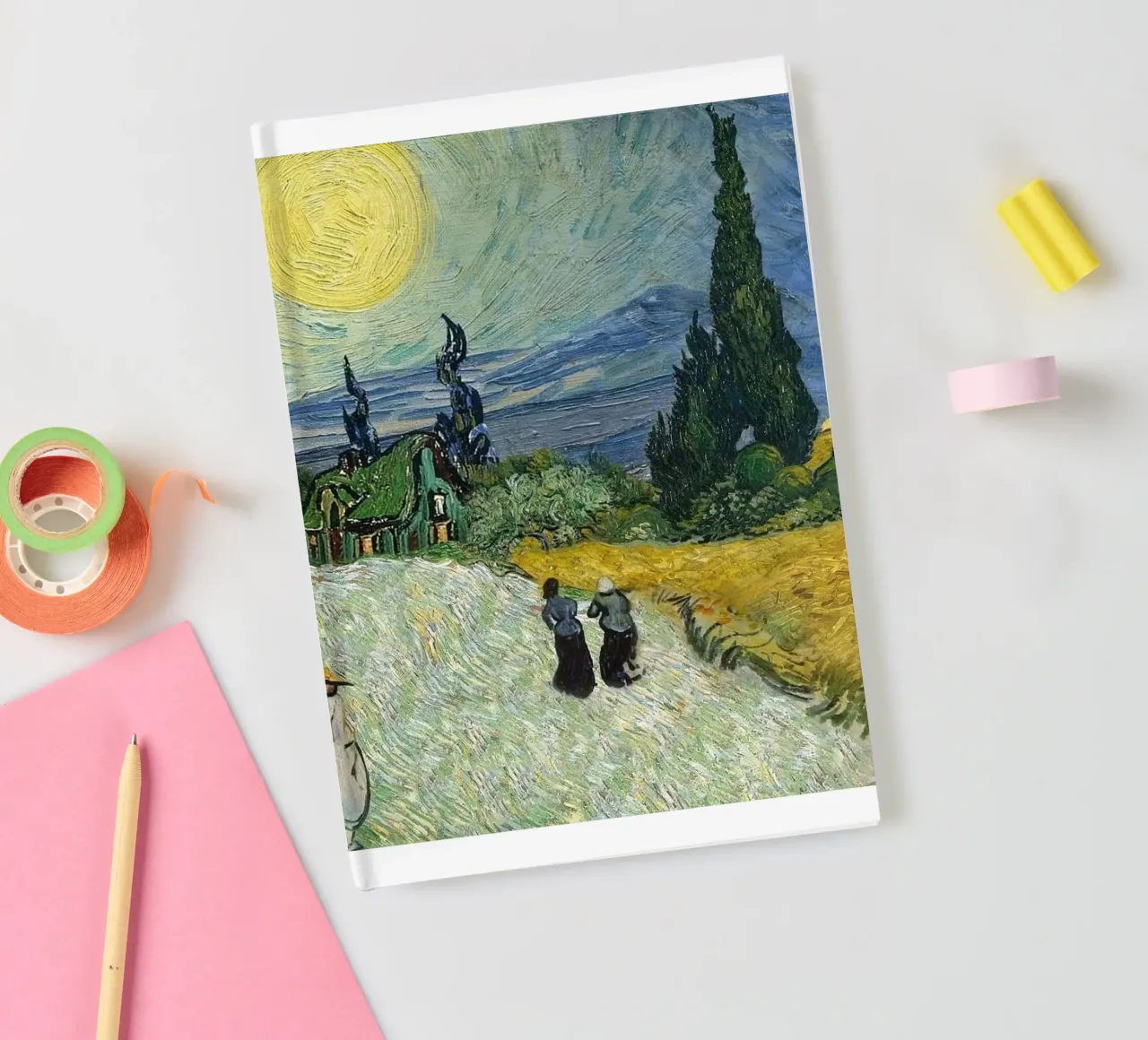 golden wheat fields with tall fir trees notebook by Piper Shop Oke