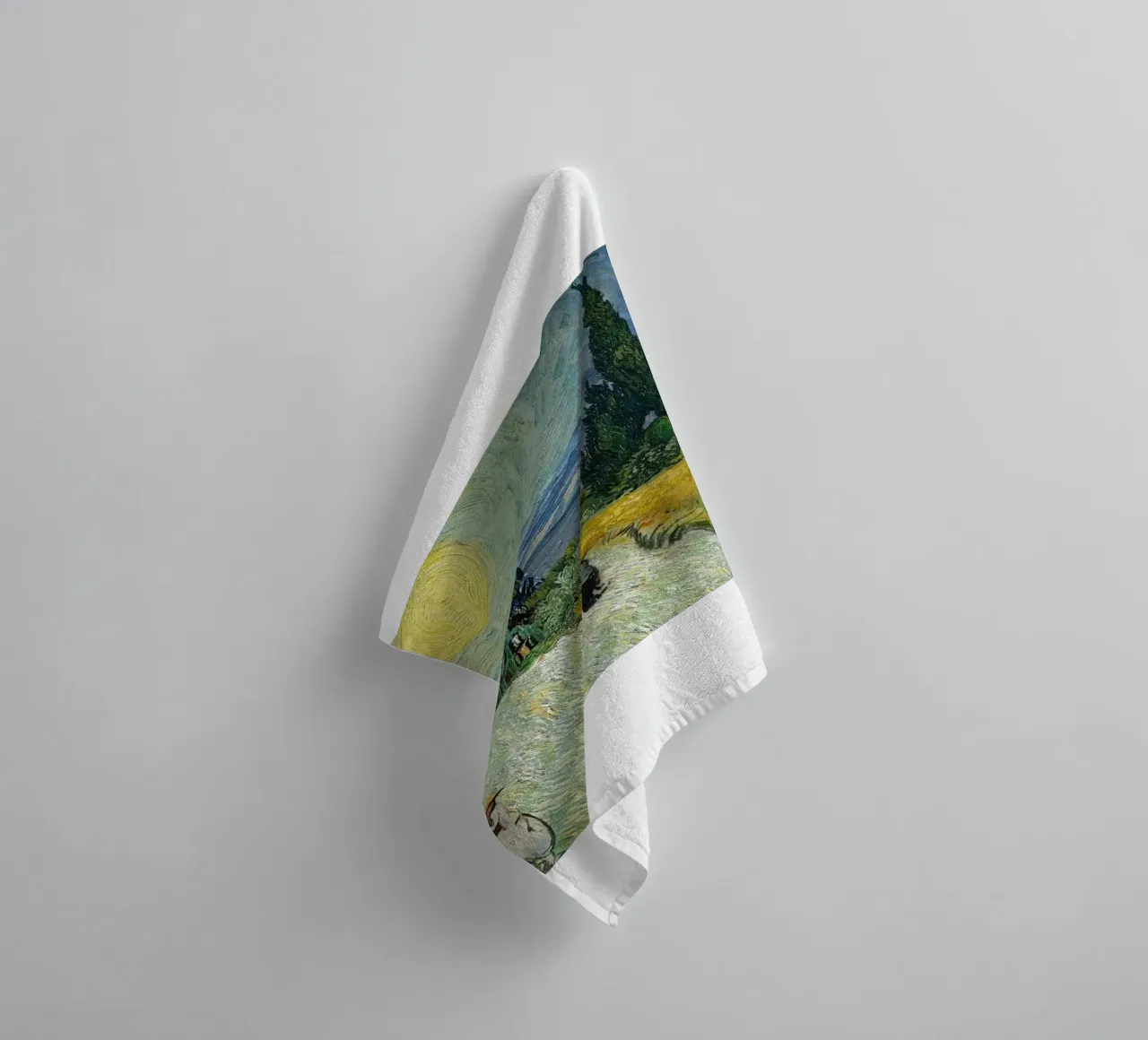 golden wheat fields with tall fir trees towel by Piper Shop Oke