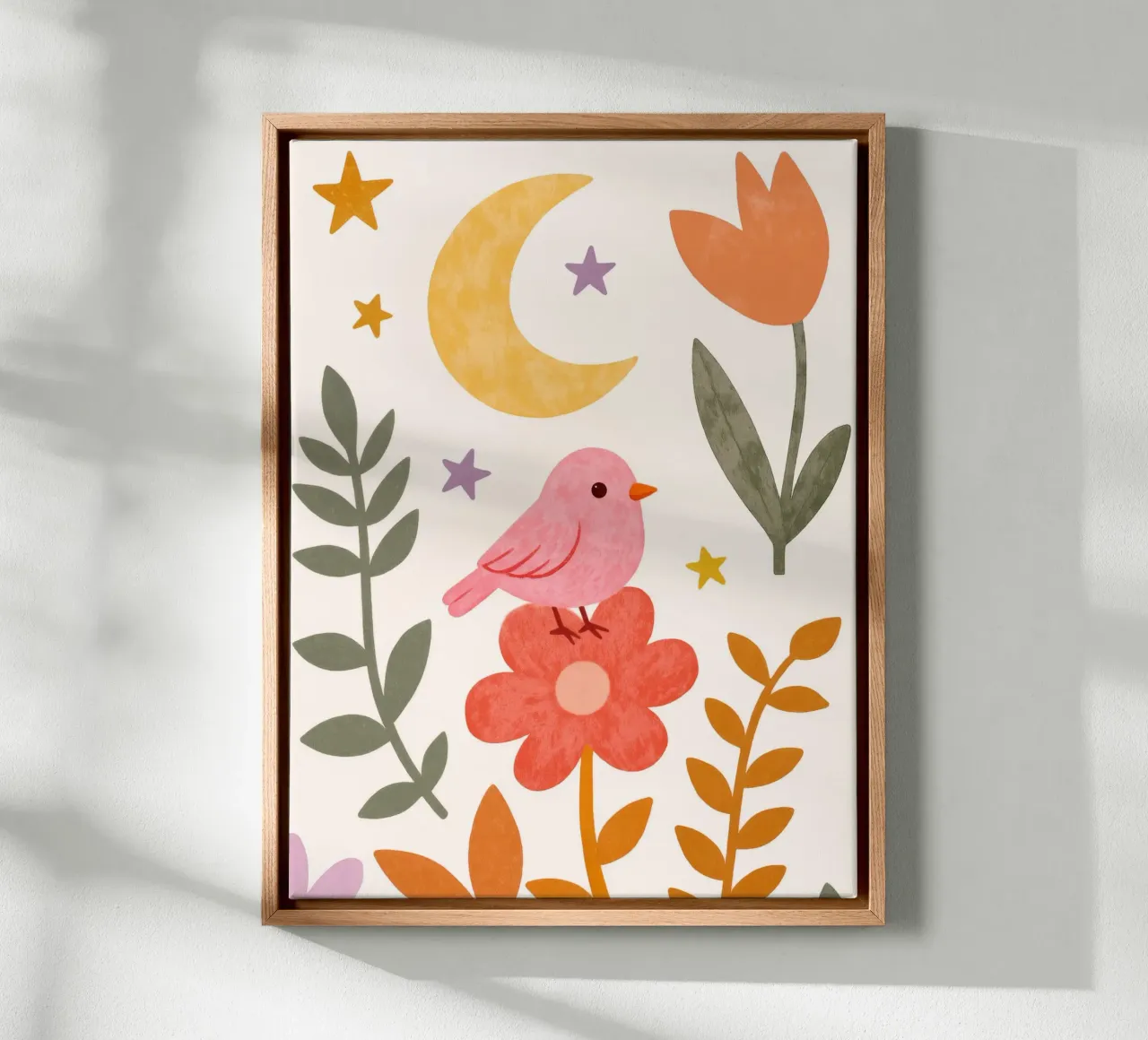 Boho Botanische Roze Vogel en Maan Bloementuinkunst canvas met Baklijst van Gentle Echoes Art