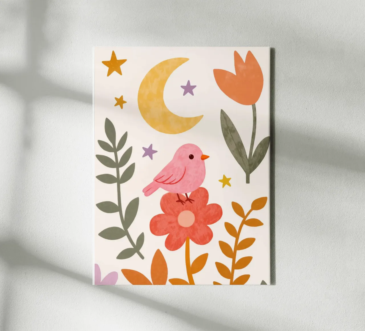 Boho Botanische Roze Vogel en Maan Bloementuinkunst canvas met Baklijst van Gentle Echoes Art