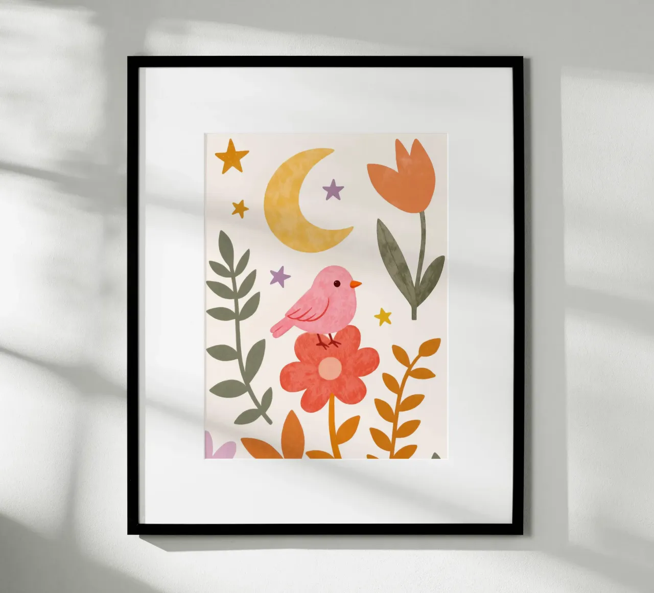 Boho Botanical Pink Bird and Moon Arte floreale da giardino poster con telaio in legno da Gentle Echoes Art