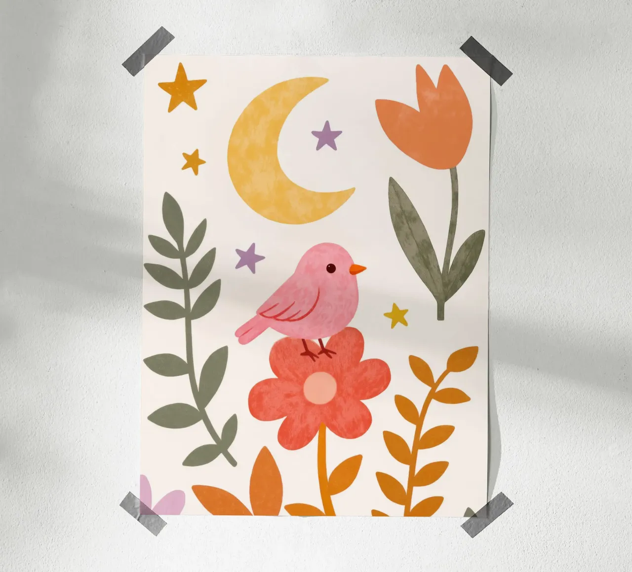 Boho Botanical Pink Bird and Moon Arte floreale da giardino poster con telaio in legno da Gentle Echoes Art