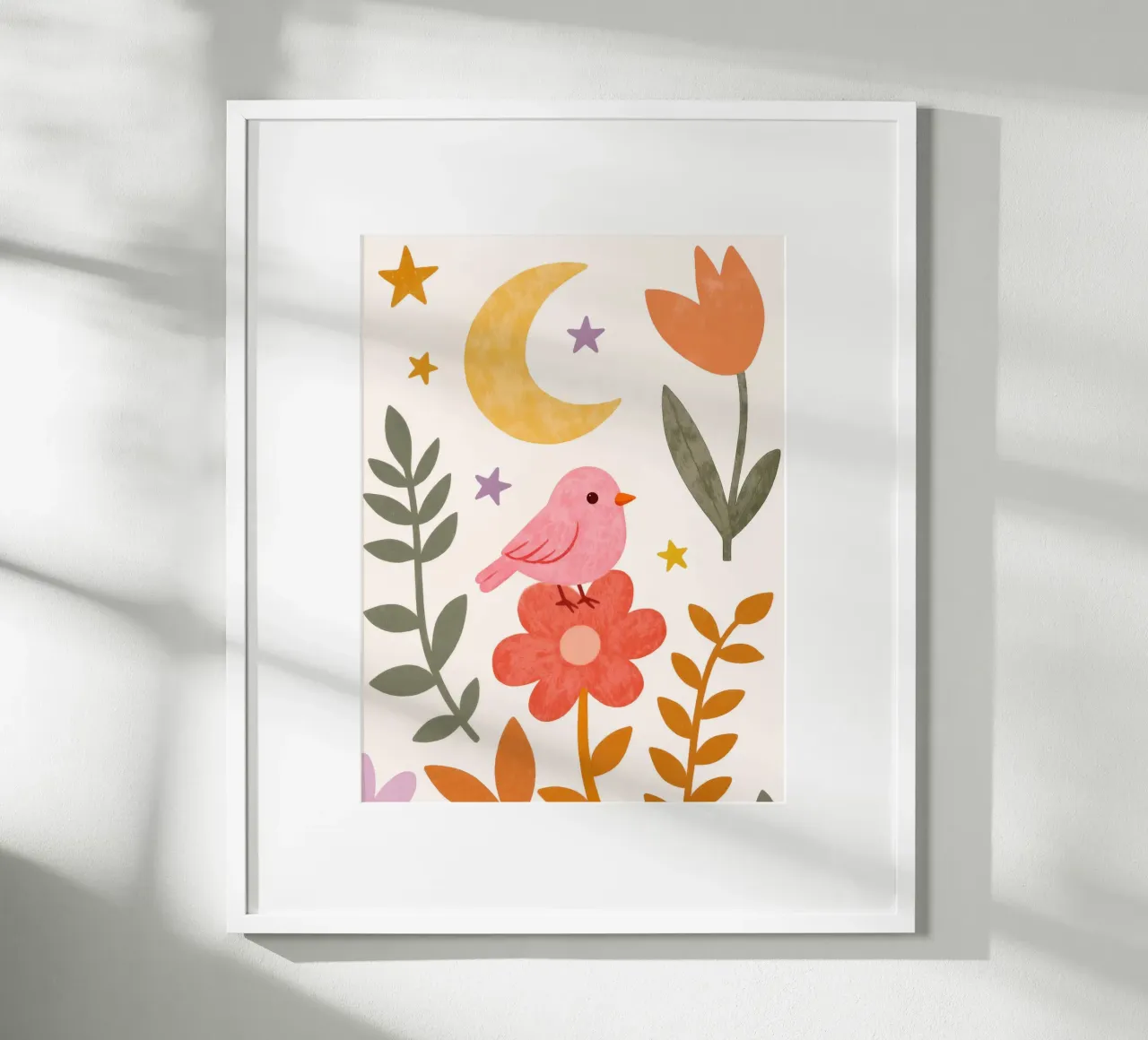 Boho Botanical Pink Bird and Moon Arte floreale da giardino poster con telaio in legno da Gentle Echoes Art