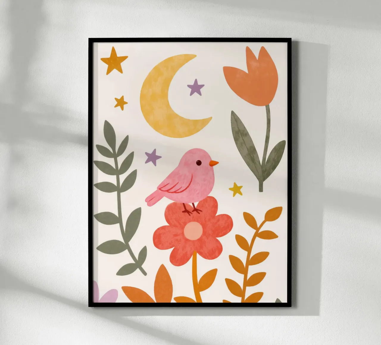 Boho Botanical Pink Bird and Moon Arte floreale da giardino poster con telaio in legno da Gentle Echoes Art