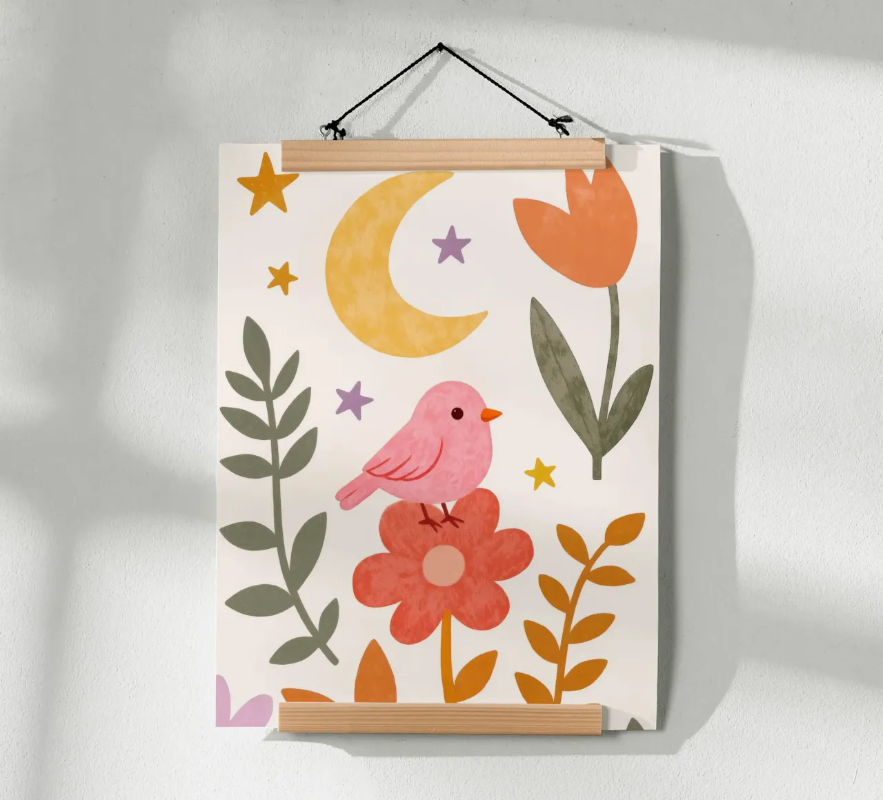 Boho Botanical Pink Bird and Moon Arte floreale da giardino poster con telaio in legno da Gentle Echoes Art