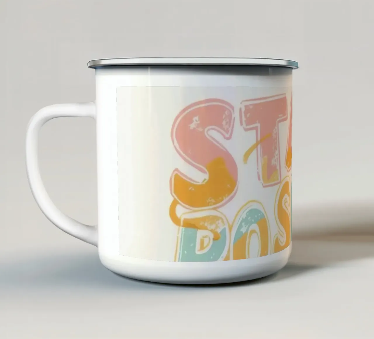 Blijf positief Tekst met afbeelding emaille mok van DesignDoodle