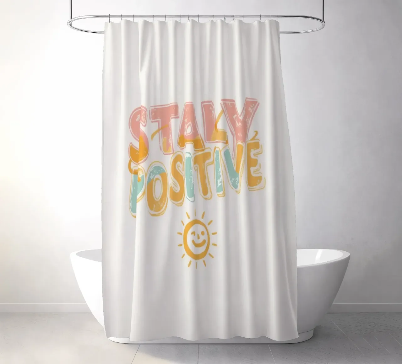 Positiv bleiben Text mit Grafik Duschvorhang von DesignDoodle